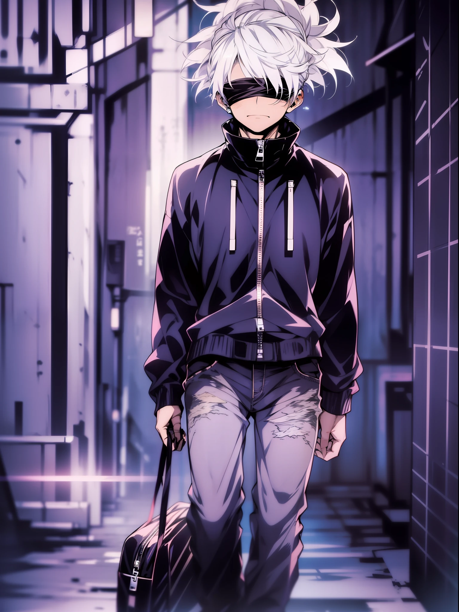 1boy, Saturated Gojo walking, white hair goosebumps, blue eyes, wearing a black blindfold, nice environment, super detailed, high quality