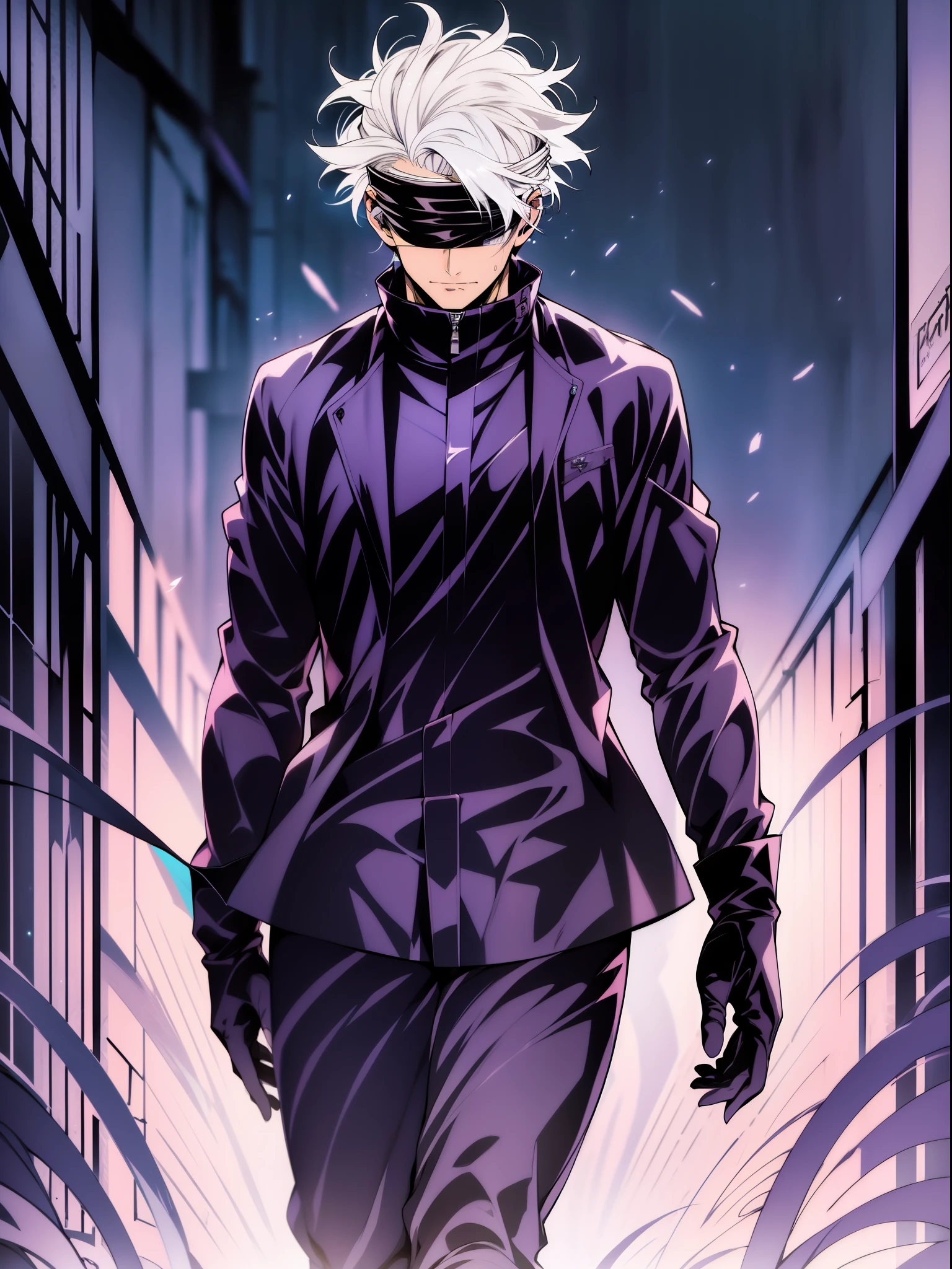 1boy, Saturated Gojo walking, white hair goosebumps, blue eyes, wearing a black blindfold, nice environment, super detailed, high quality