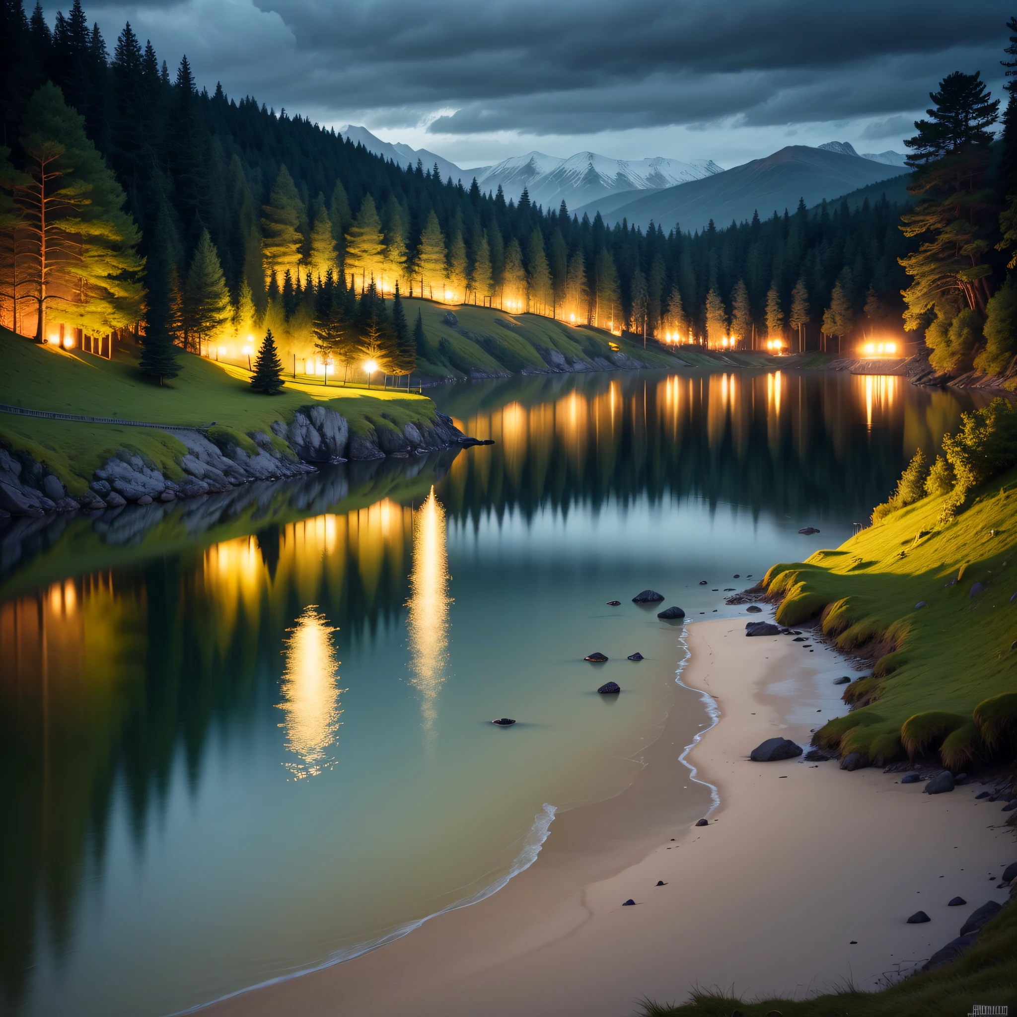 Lago de dia com uma ilha no meio ao estilo de natureza, estilo canada, estilo irlanda, mood lighting, natural lightting, ultra detalhes --auto