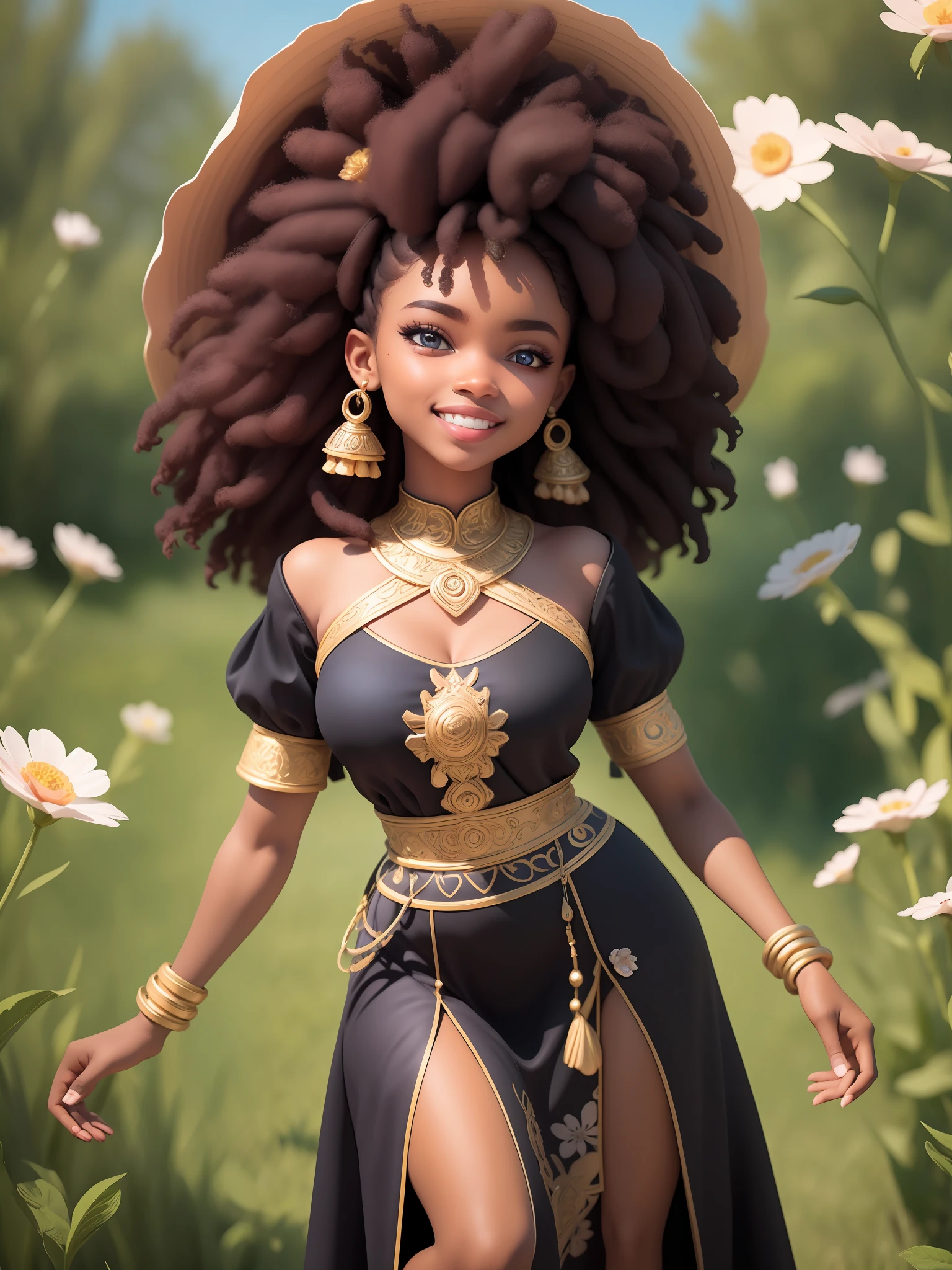 (masterpiece),(best quality),(ultra-detailed), (full body:1.2), black woman, teenager, warrior, fantasy universe, long dress black, light smile, flower, outdoors, turban, :3, afro clothes, princess, blurry, brown hair, black hair, background abstract (beautiful detailed face), (beautiful detailed eyes),
