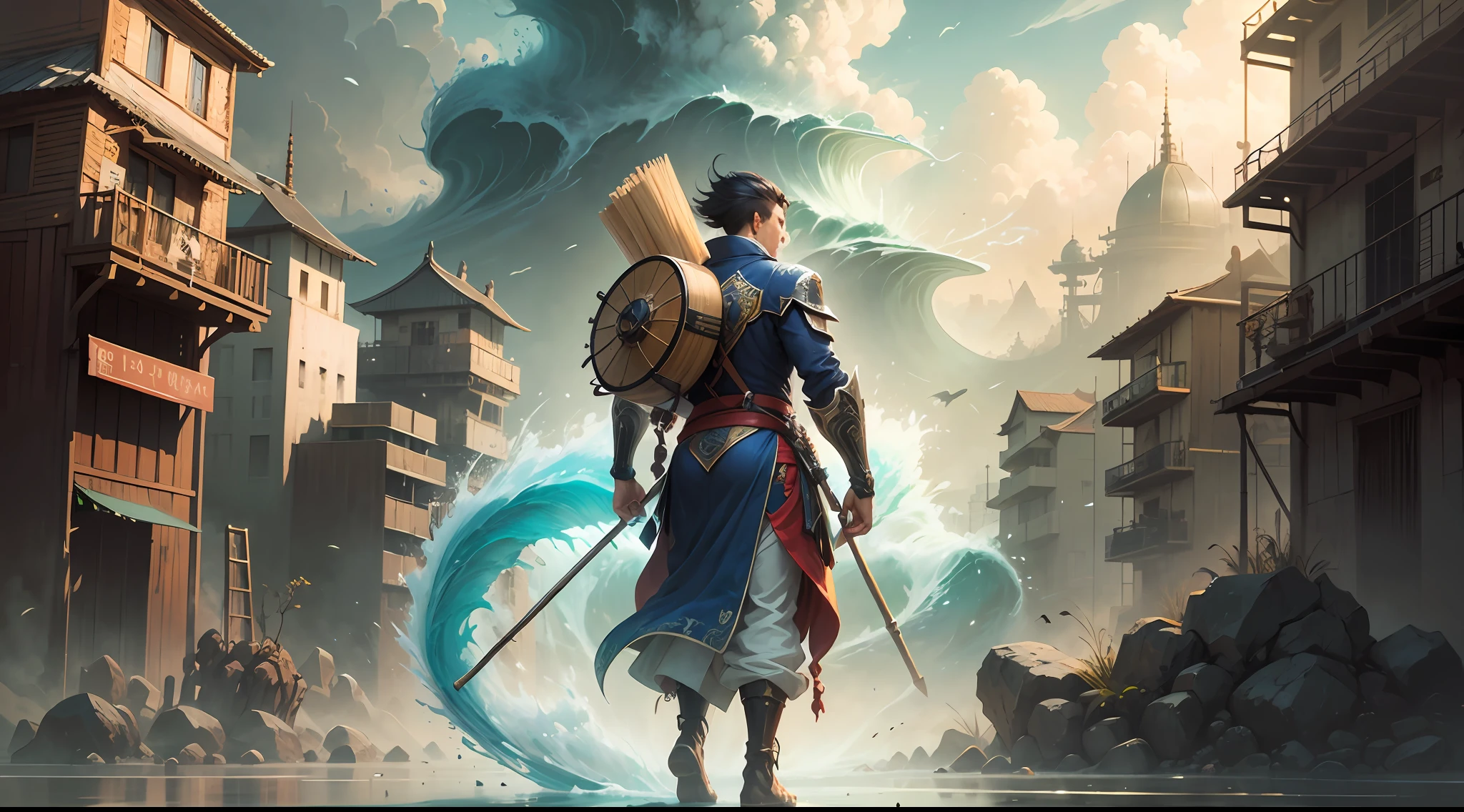A man stands on a tsunami,Carrying bamboo sticks on his feet,Look at the city in the distance,ross tran(Ross Tran)A detailed painting,Take pixiv,Fantasyart,offcial art,artstation hd,Anime aesthetics are featured --auto --s2