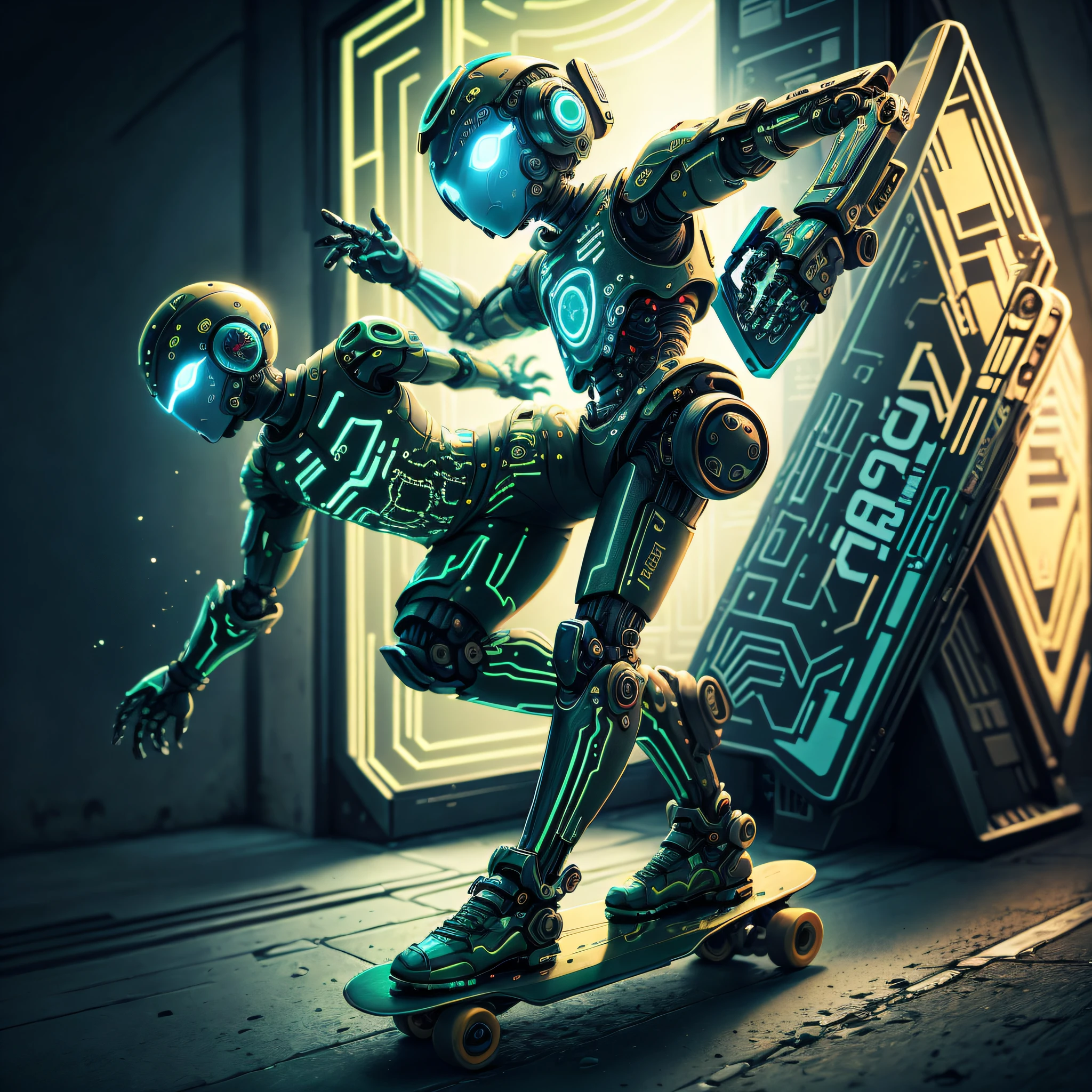 Robot boy riding Roller Skating, android, Menino humanoide, Robot with green to yellow clothes, 8k UHD, Realista, alta resolução, cidade do futuro, Patim, Skating Robot
