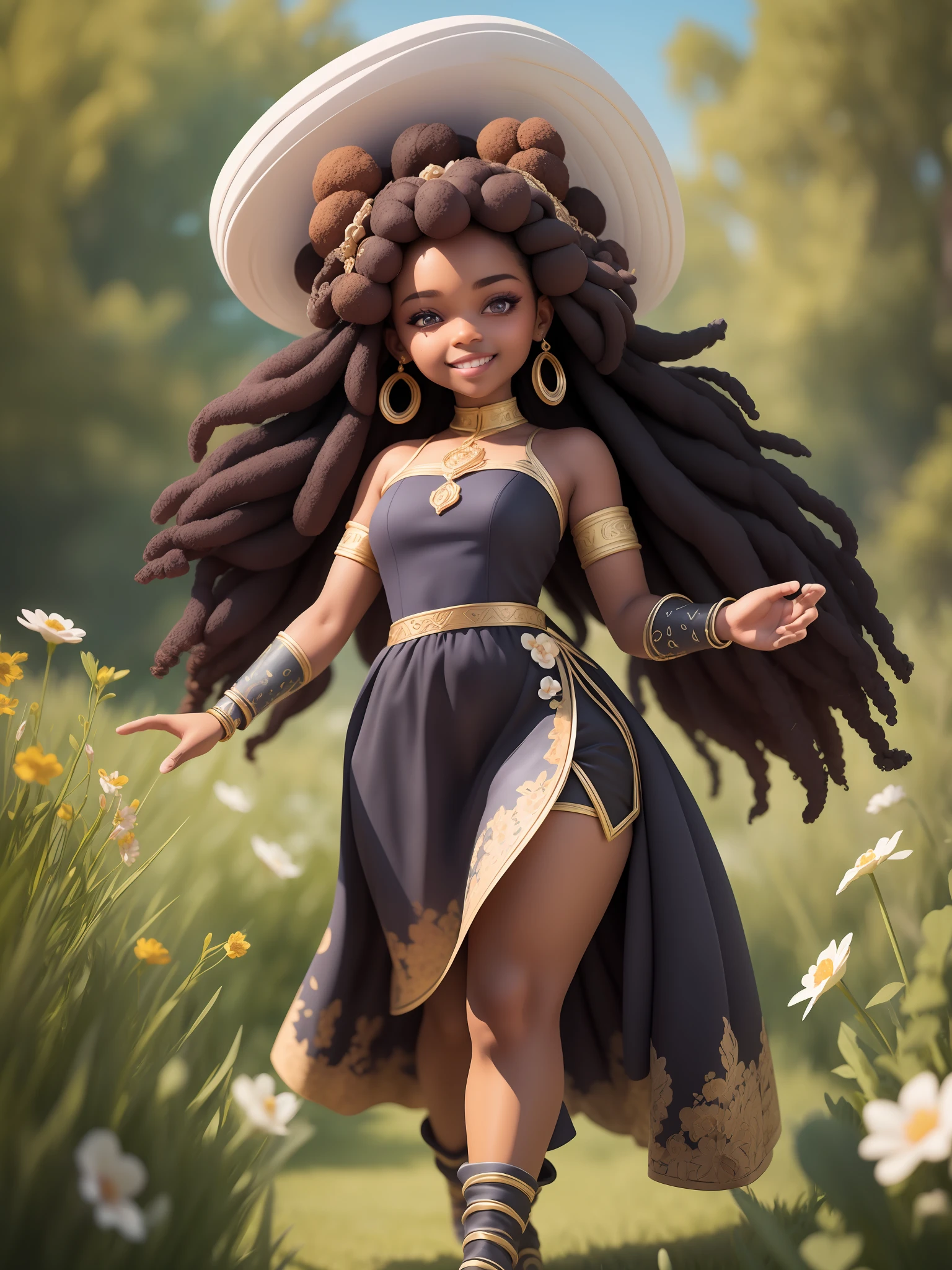 (masterpiece),(best quality),(ultra-detailed), (full body:1.2), black woman, teenager, warrior, fantasy universe, long dress black, light smile, flower, outdoors, turban, :3, afro clothes, princess, blurry, brown hair, black hair, background abstract (beautiful detailed face), (beautiful detailed eyes),
