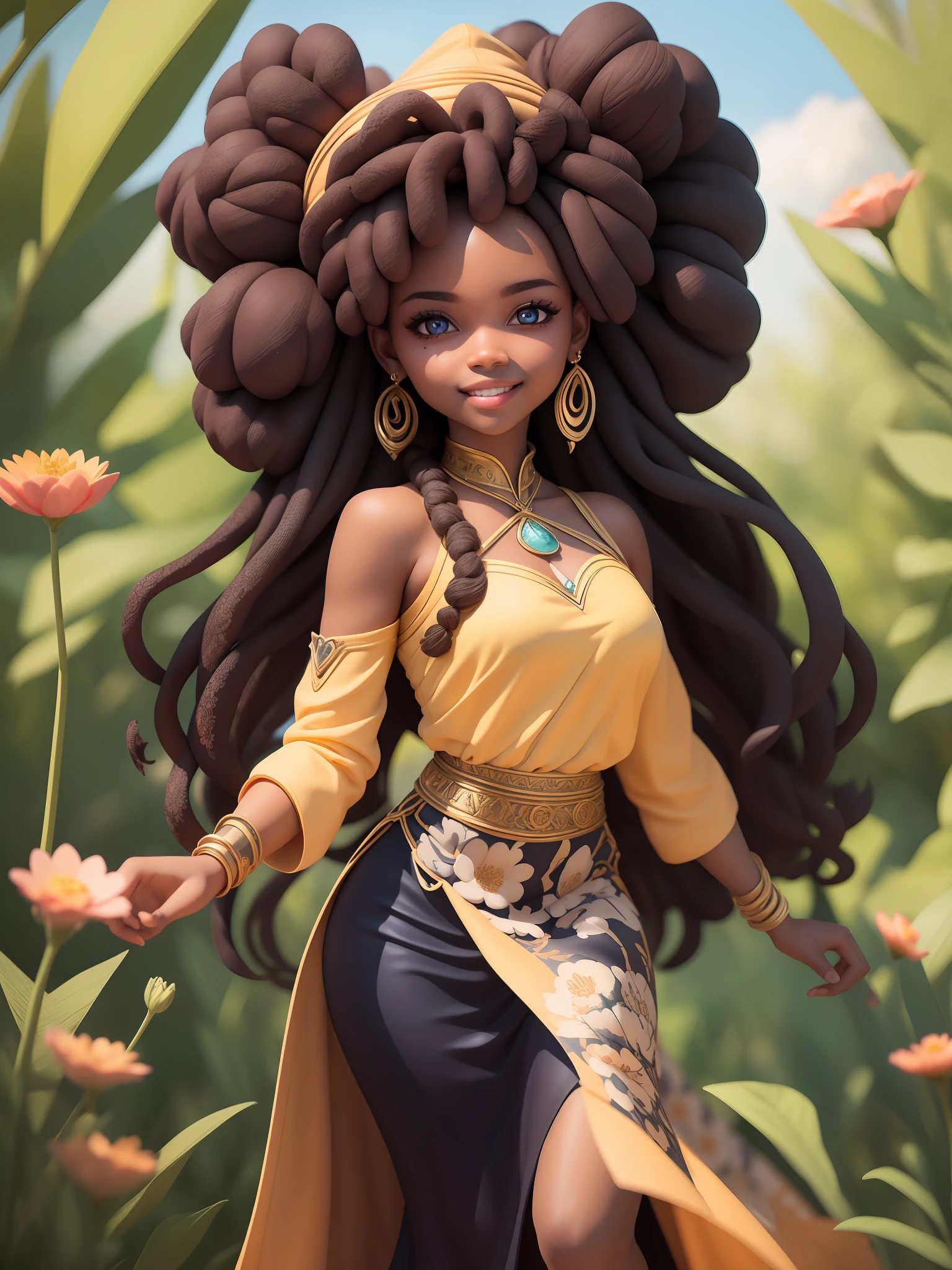 (masterpiece),(best quality),(ultra-detailed), (full body:1.2), black woman, teenager, warrior, fantasy universe, long dress black, light smile, flower, outdoors, turban, :3, afro clothes, princess, blurry, brown hair, black hair, background abstract (beautiful detailed face), (beautiful detailed eyes),