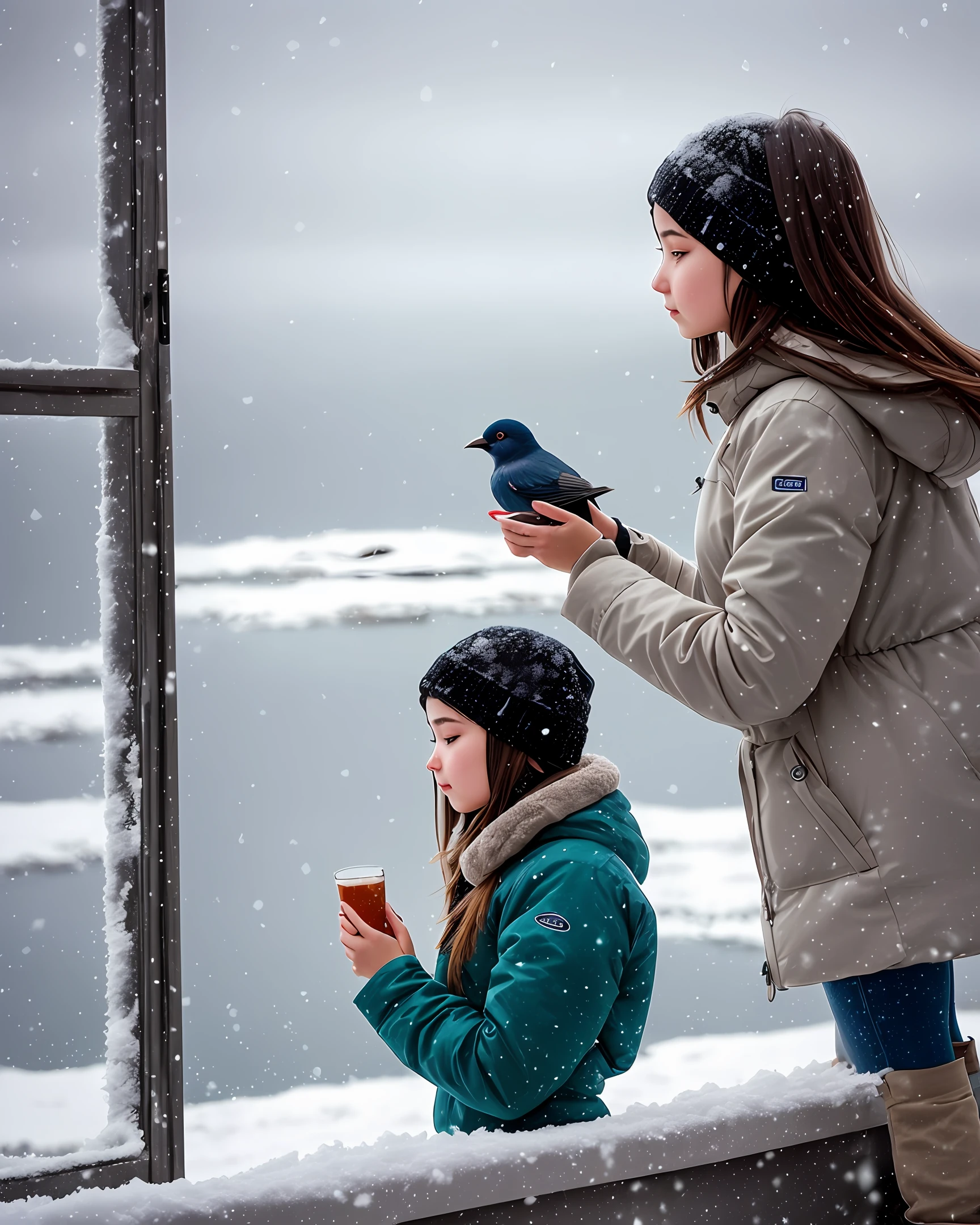 best quality, detailed background, girl,sea, cafeteria, bird, snow, winter,