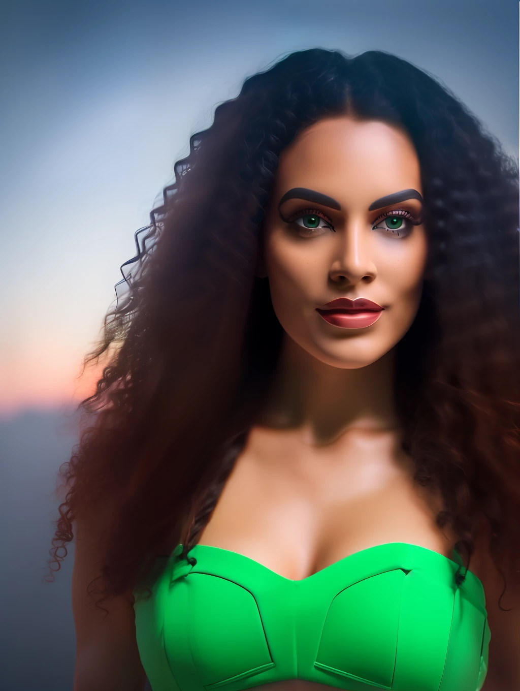 A professional portrait photograph of an insanely gorgeous Brazilian woman, background is a crowded outdoor night-time rave, with long wavy light brown hair, green eyes, sultry flirty look, (freckles), gorgeous symmetrical face, cute natural makeup, realistic, concept art, elegant, highly detailed, intricate, sharp focus, depth of field, f/1. 8, 85mm, medium shot, mid shot, sharp focus, bright soft diffused light, (volumetric fog), trending on instagram, hdr 4k, 8k