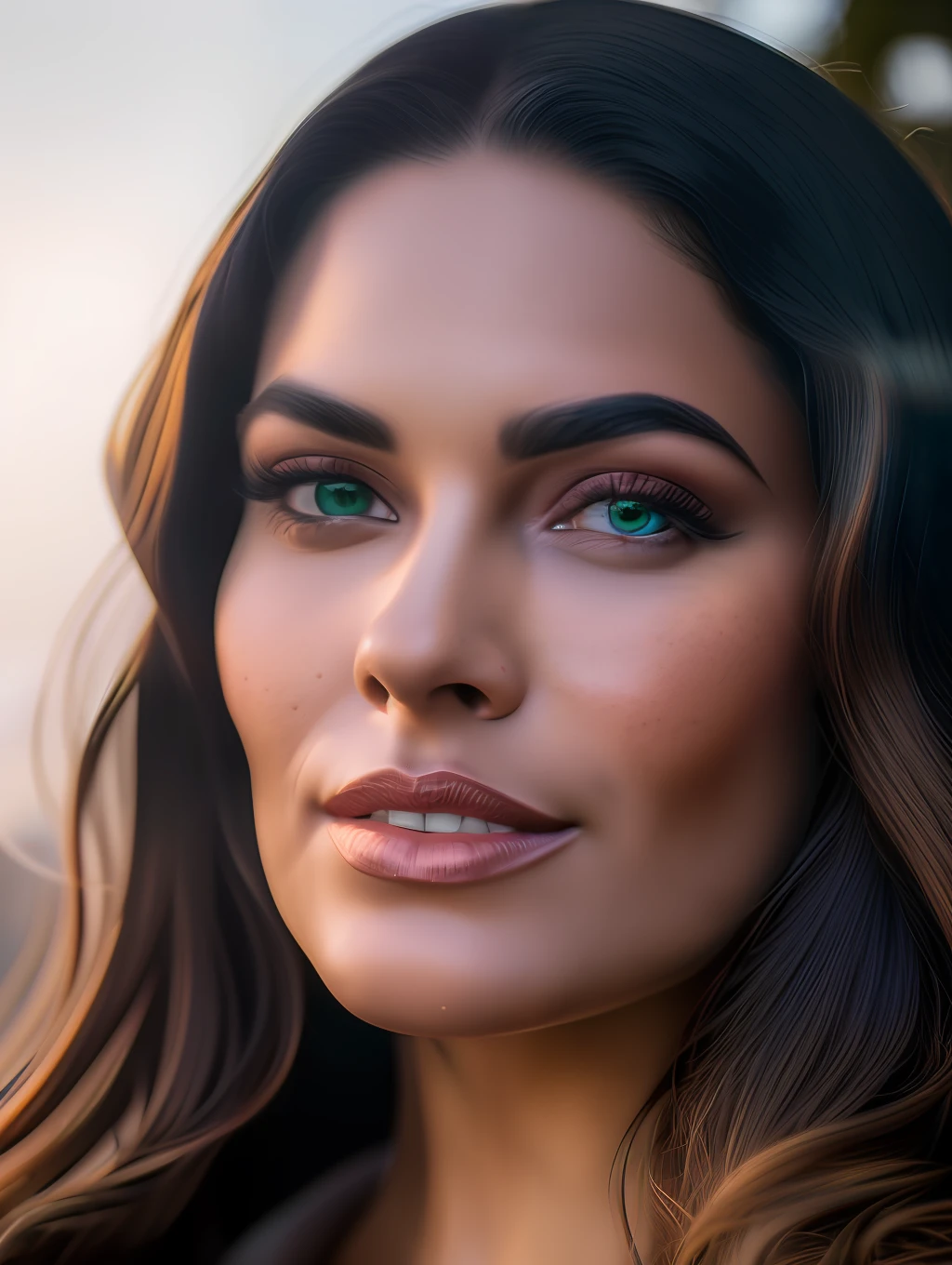 A professional portrait photograph of an insanely gorgeous Brazilian woman, background is a crowded outdoor night-time rave, with long wavy light brown hair, green eyes, sultry flirty look, (freckles), gorgeous symmetrical face, cute natural makeup, realistic, concept art, elegant, highly detailed, intricate, sharp focus, depth of field, f/1. 8, 85mm, medium shot, mid shot, sharp focus, bright soft diffused light, (volumetric fog), trending on instagram, hdr 4k, 8k