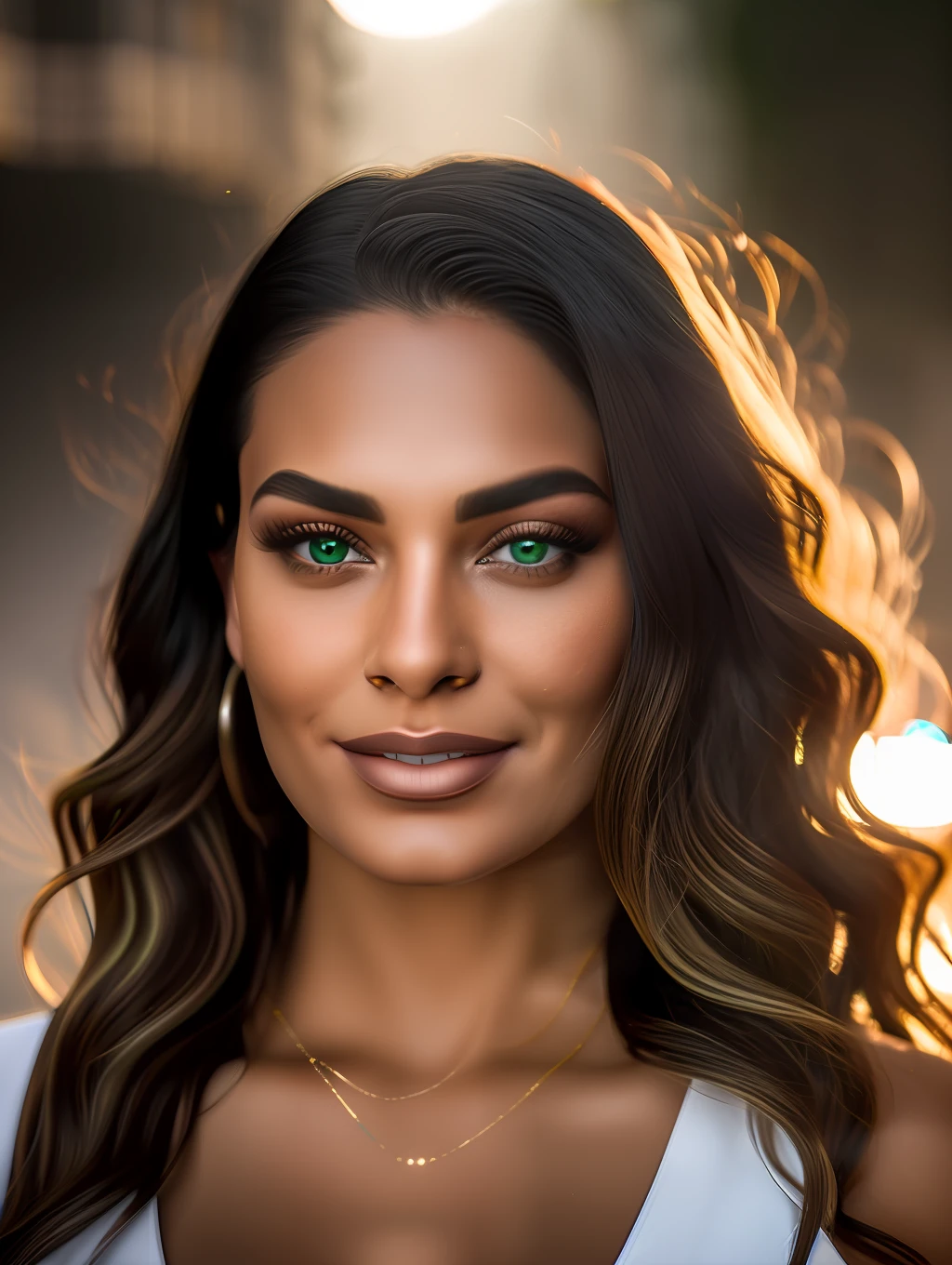 A professional portrait photograph of an insanely gorgeous Brazilian woman, background is a crowded outdoor night-time rave, with long wavy light brown hair, green eyes, sultry flirty look, (freckles), gorgeous symmetrical face, cute natural makeup, realistic, concept art, elegant, highly detailed, intricate, sharp focus, depth of field, f/1. 8, 85mm, medium shot, mid shot, sharp focus, bright soft diffused light, (volumetric fog), trending on instagram, hdr 4k, 8k