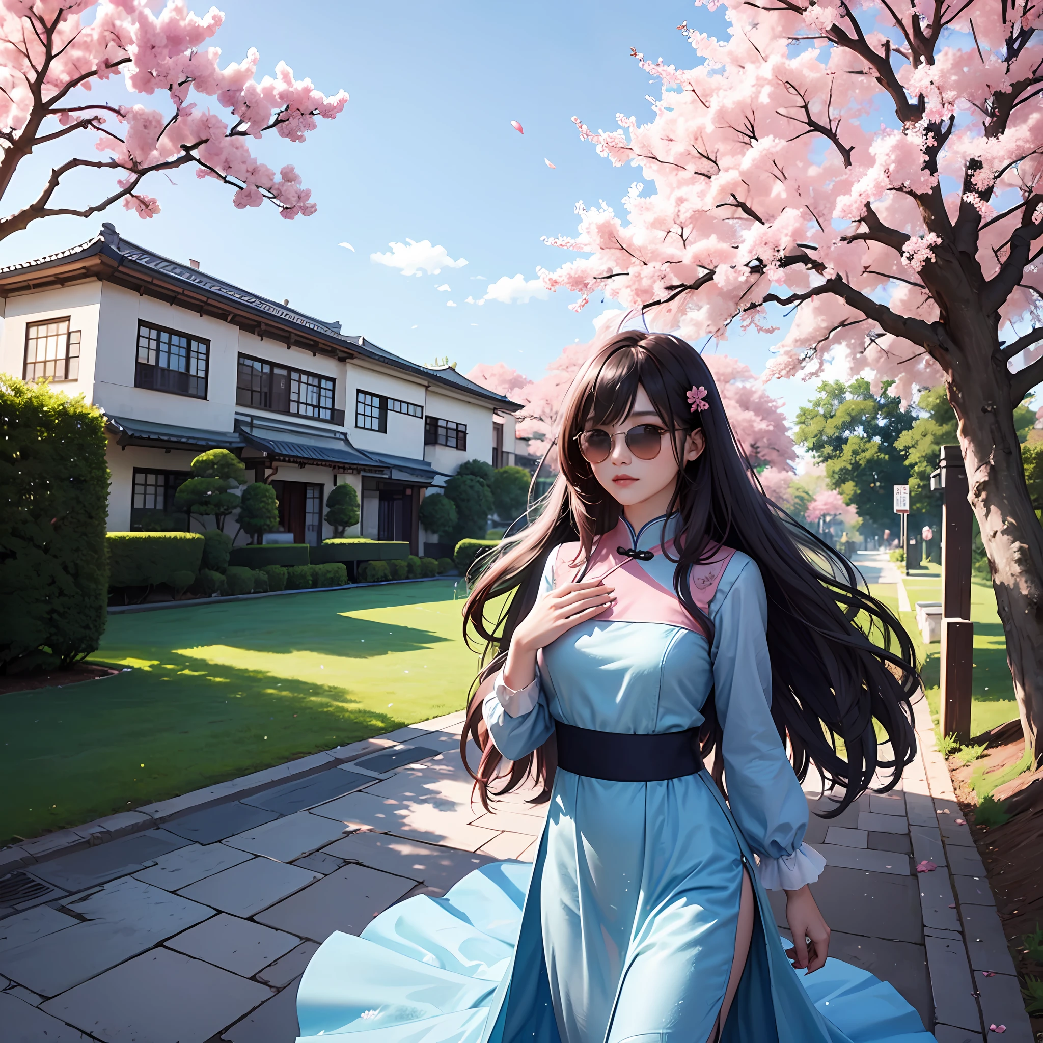 young chinese woman wearing sunglasses in a modern summer blue dress standing next to a tree with pink flowers, long wavy hair, tall and slim, cherry tree in the background, under sakura tree, sakura season, with flowers, sakura tree in background