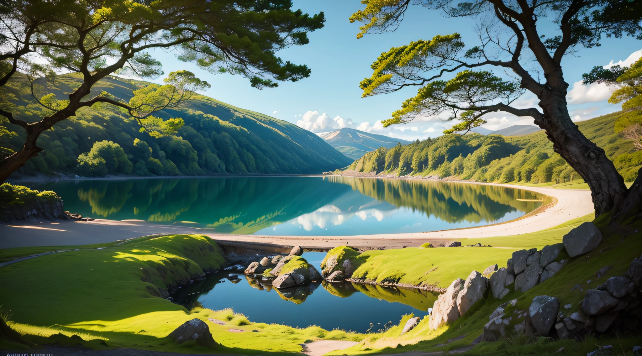 Lago de dia com uma ilha no meio ao estilo de natureza, estilo canada, estilo irlanda, mood lighting, natural lightting, ultra detalhes --auto