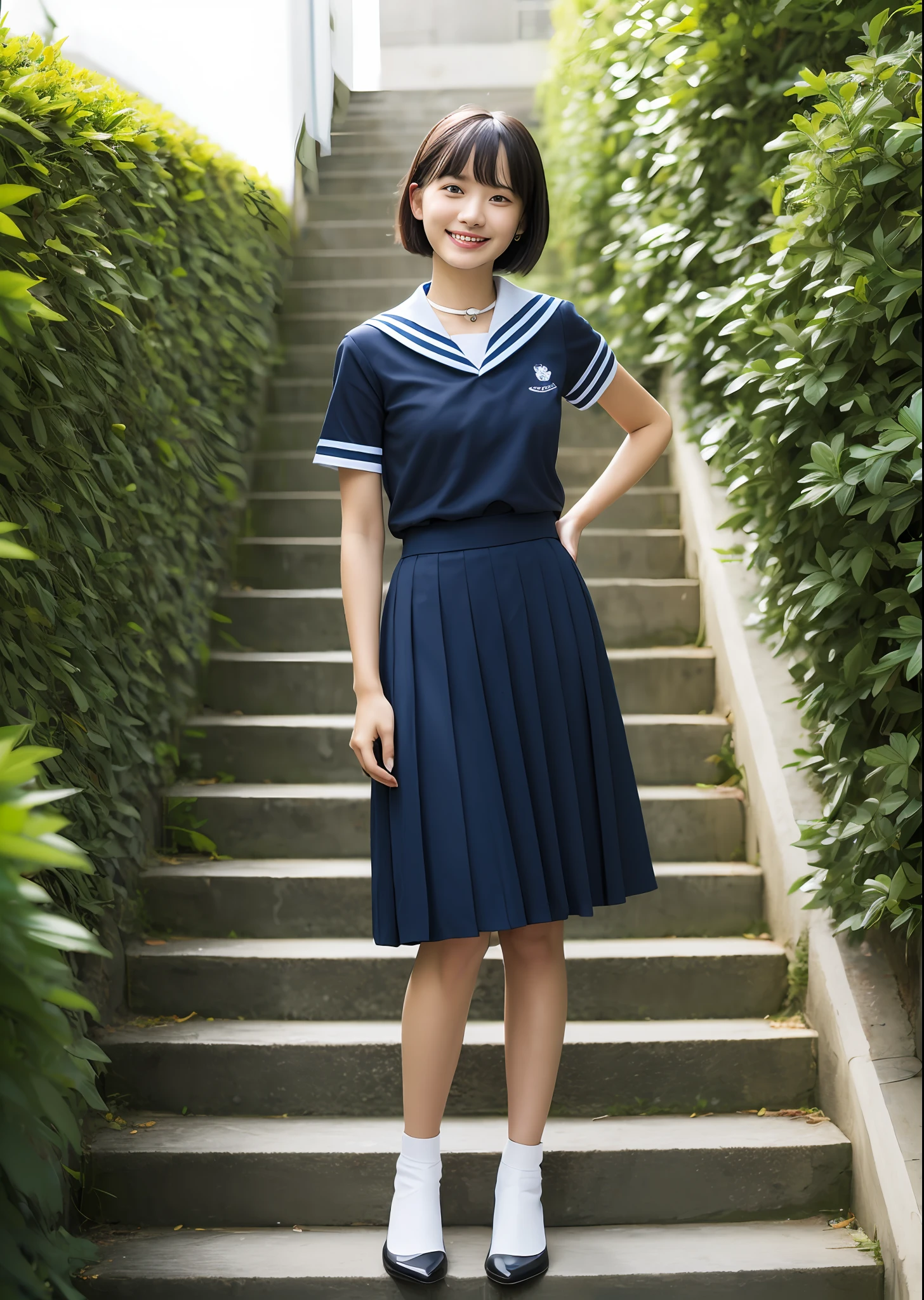 1girl, bangs, black_choker, black_hair, blue_sailor_collar, blue_skirt, bush, choker, collarbone, day, earrings, flower, jewelry, lips, looking_at_viewer, outdoors, plant, pleated_skirt, potted_plant, road, sailor_collar, school_uniform, serafuku, shirt, short_hair, short_sleeves, sitting, skirt, smile, solo, stairs,