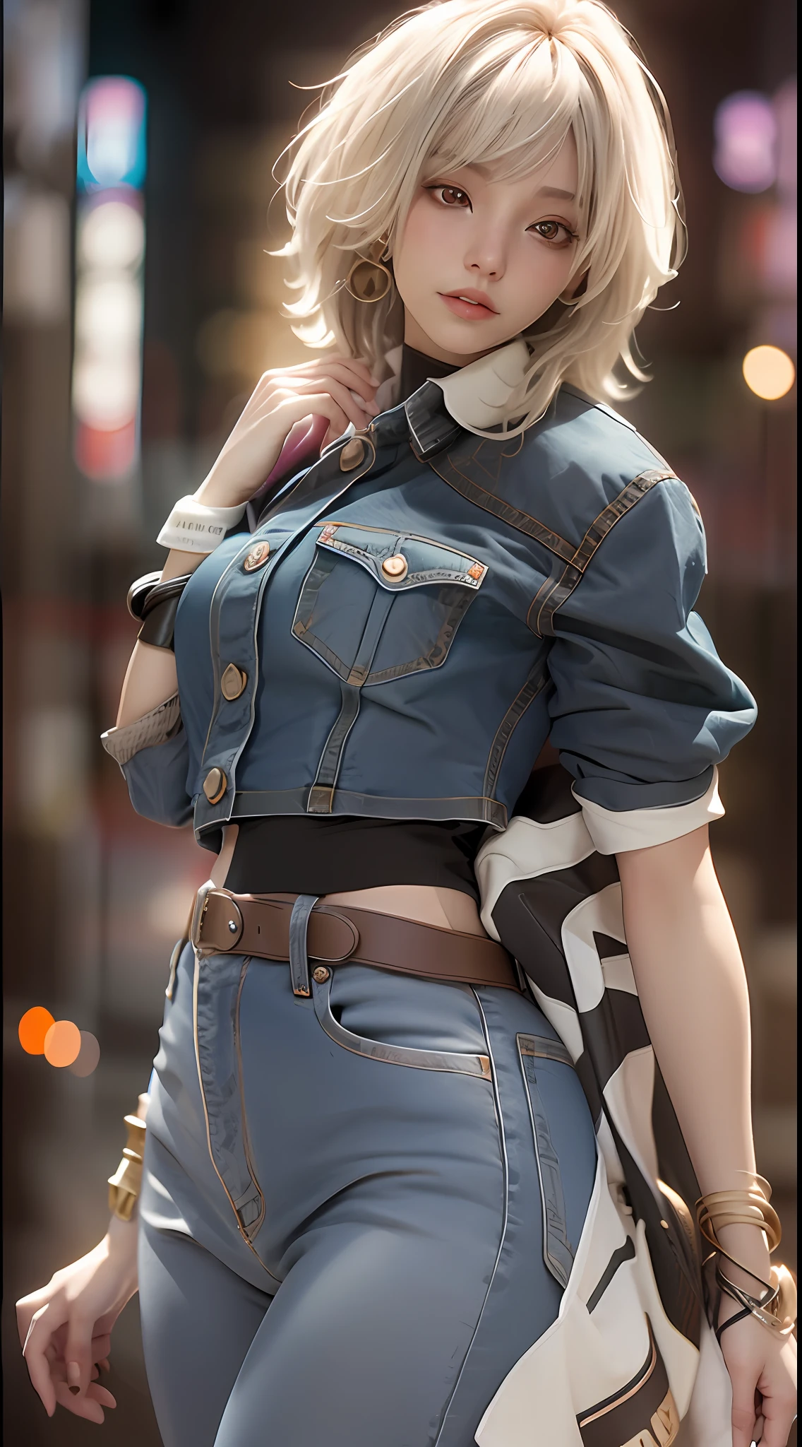 ((best qualtiy)), ((tmasterpiece)), (the detail:1.4), 3D, A beautiful cyberpunk female image,hdr(HighDynamicRange),Ray traching,NVIDIA RTX,Hyper-Resolution,Unreal 5,Subsurface scattering、PBR Texture、post-proces、Anisotropy Filtering、depth of fields、maximum definition and sharpness、Many-Layer Textures、Albedo e mapas Speculares、Surface coloring、Accurate simulation of light-material interactions、perfectly proportions、rendering by octane、Two-colored light、largeaperture、Low ISO、White balance、the rule of thirds、8K raw data、Street photography,Denim skirt,Magic Golden Leo astrolabe,Yellow-haired people,Next to a lion