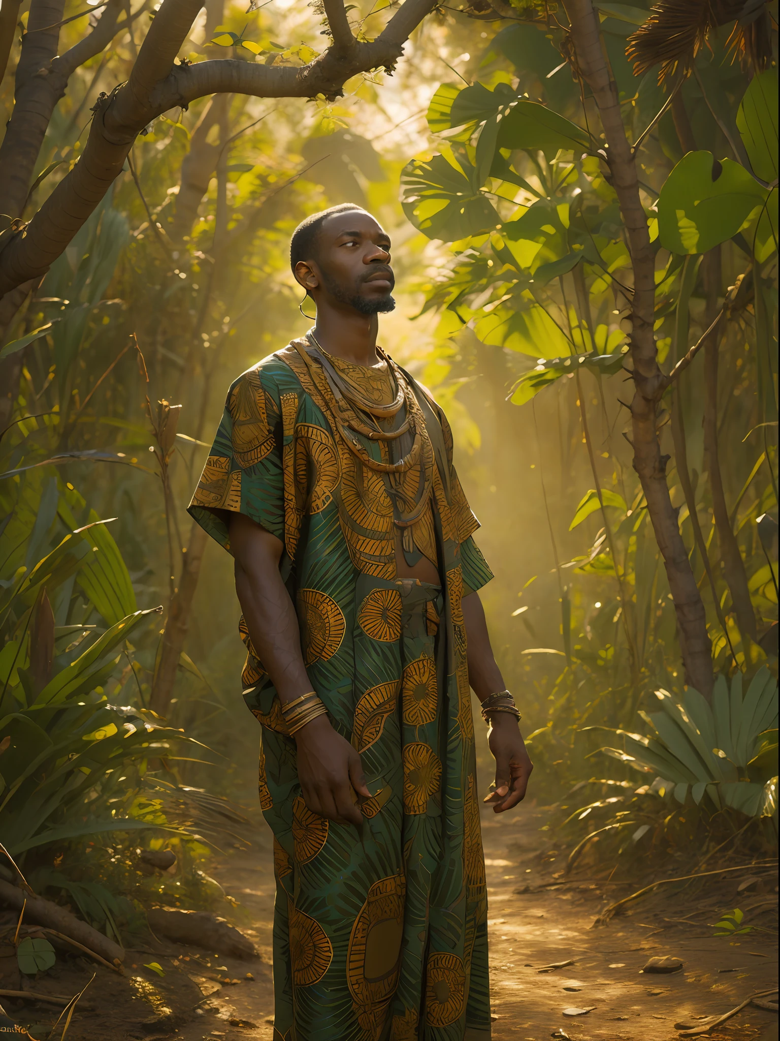 Deus masculino africano, Oxossi, caminhando na golden hour em uma floresta africana, roupas religiosas africanas, anatomia perfeita, de noite, octan render, Greg Rutkowski