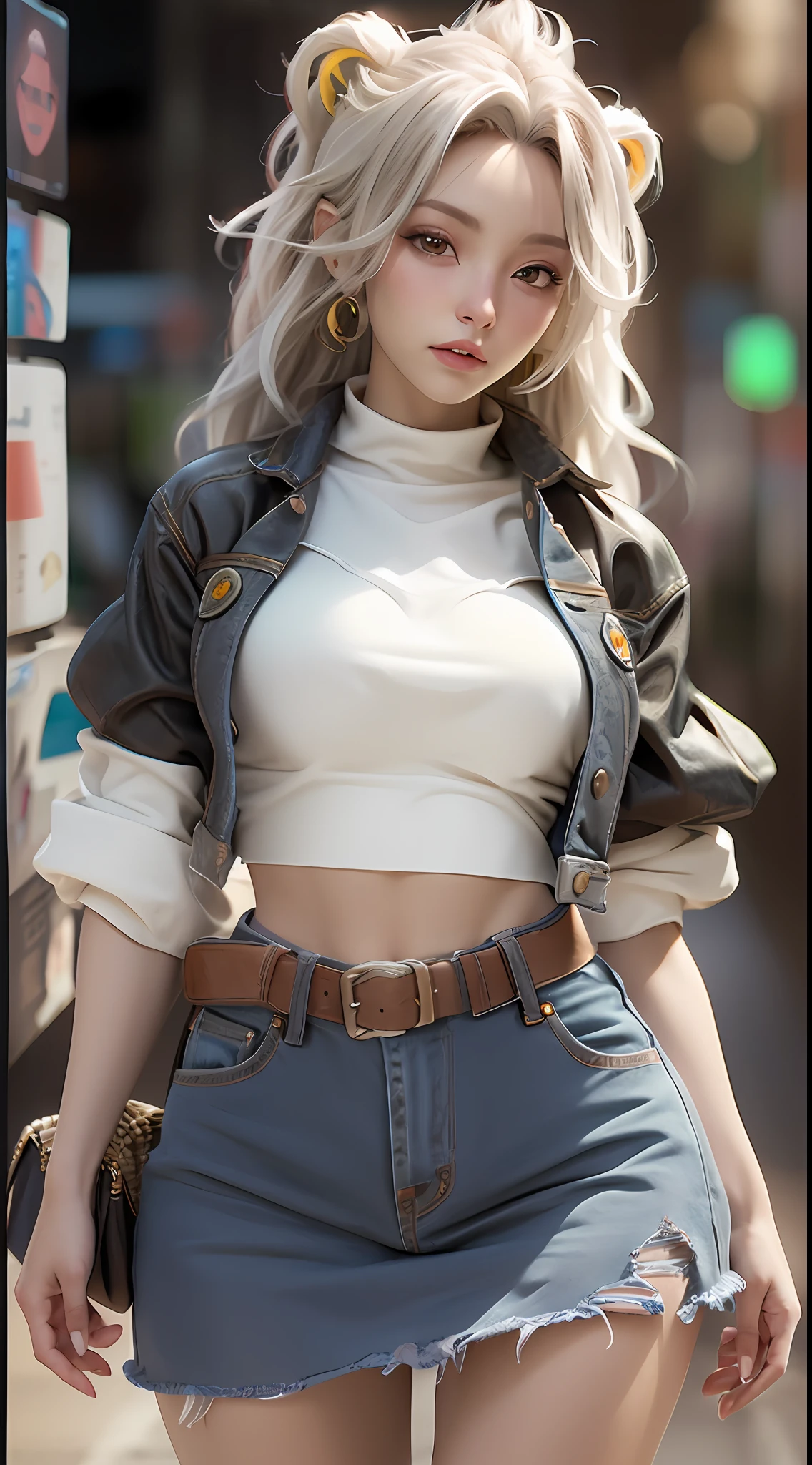 ((best qualtiy)), ((tmasterpiece)), (the detail:1.4), 3D, A beautiful cyberpunk female image,hdr（HighDynamicRange）,Ray traching,NVIDIA RTX,Hyper-Resolution,Unreal 5,Subsurface scattering、PBR Texture、post-proces、Anisotropy Filtering、depth of fields、maximum definition and sharpness、Many-Layer Textures、Albedo e mapas Speculares、Surface coloring、Accurate simulation of light-material interactions、perfectly proportions、rendering by octane、Two-colored light、largeaperture、Low ISO、White balance、the rule of thirds、8K raw data、Street photography，Denim skirt，Magic Golden Leo astrolabe，Yellow-haired people，Next to a lion
