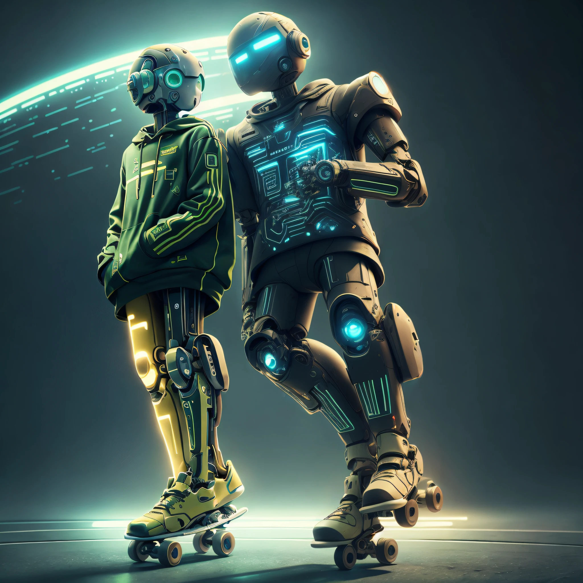 there are two robots that are standing next to each other, roupas futuristas e capacete, com equipamento futurista e capacete, Beeple e Greg Rutkowski, patinadores, Cyber Steampunk 8 K 3D, tem estilo cyberpunk, 3 d render bipe, Cybernetic style, Beeple e Mike Winkelmann, em estilo de bipe