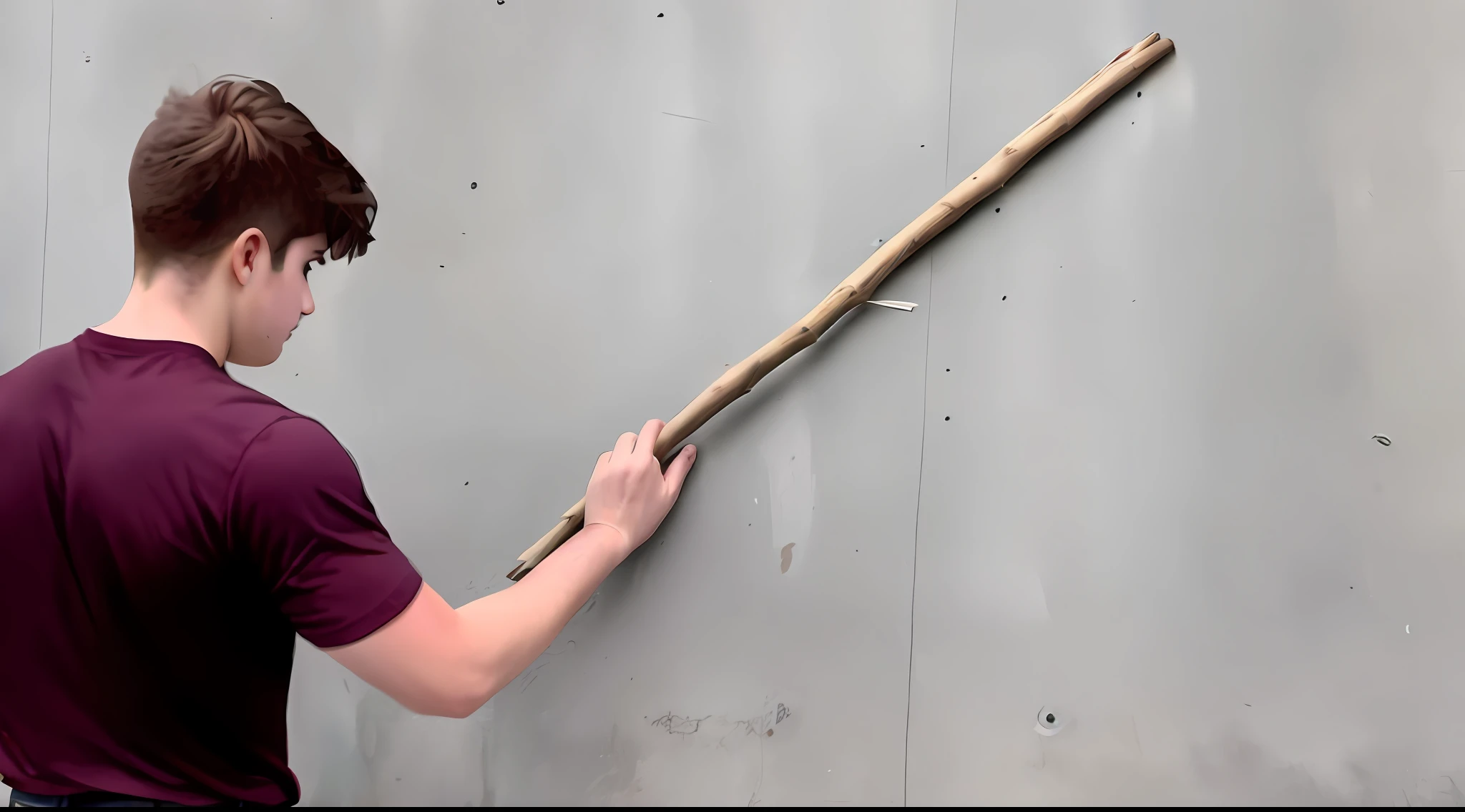 An 18-year-old assaulted another 14-year-old with a stick that is lying on a wall