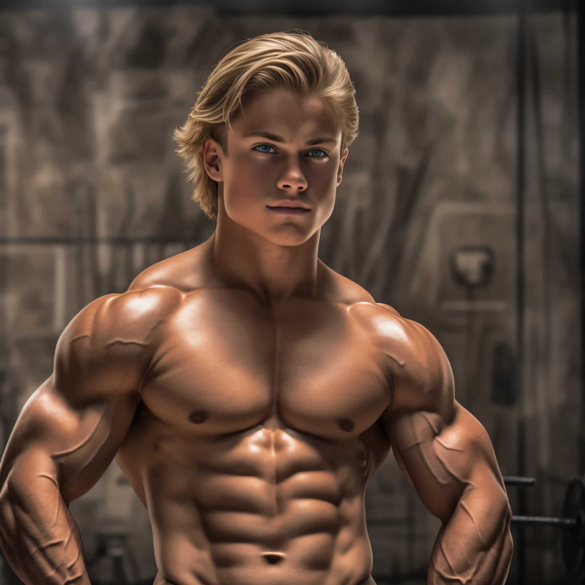 An 18-year-old boy bodybuilder, embodying the perfect fusion of Billy Magnussen and Joey Lawrence, exuding an aura of strength and confidence. Enhanced with HDR technology, this image depicts a true masterpiece with flawlessly rendered anatomy.