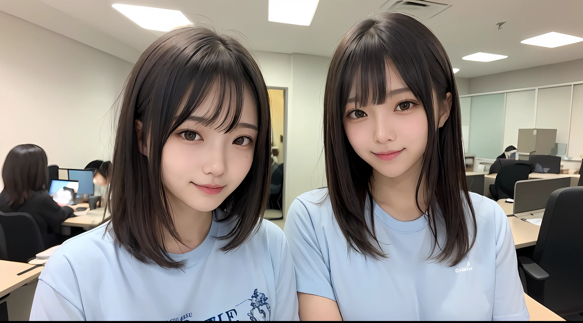 1人、Women around 22 years old、garments(Cutter shirt)、hairstyle on(A dark-haired)、Model-like face、a picture、realisticlying、top-quality、adopt、A detailed face、s Office、a desk、细致背景、diffuse sunlight、depth of fields、独奏