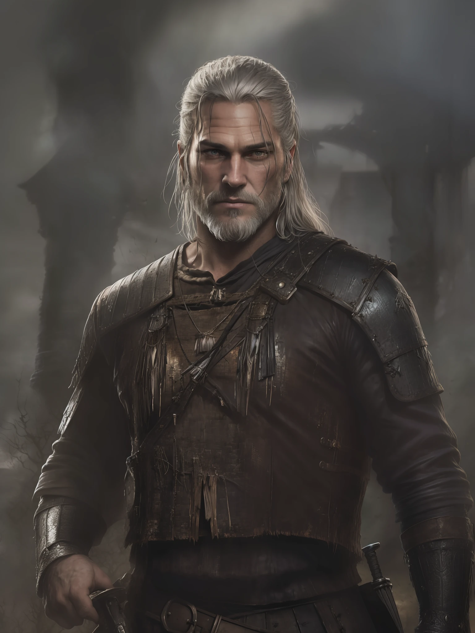 An actor Travis Fimmel as Geralt of Rivia, with a sword and a white shirt, the witcher concept art, epic portrait of menacing, character portrait art, painted character portrait, detailed character portrait, character art portrait, fantasy genre portrait, fantasy character portrait, character - portrait, epic character portrait, rpg portrait concept art,  The witcher 3, realistically, dynamic lights, old, full footage, (extremely detailed 8k wallpaper of CG unit), trend in ArtStation, trend in CGSociety, high detail, sharp focus, dramatic, photorealistic