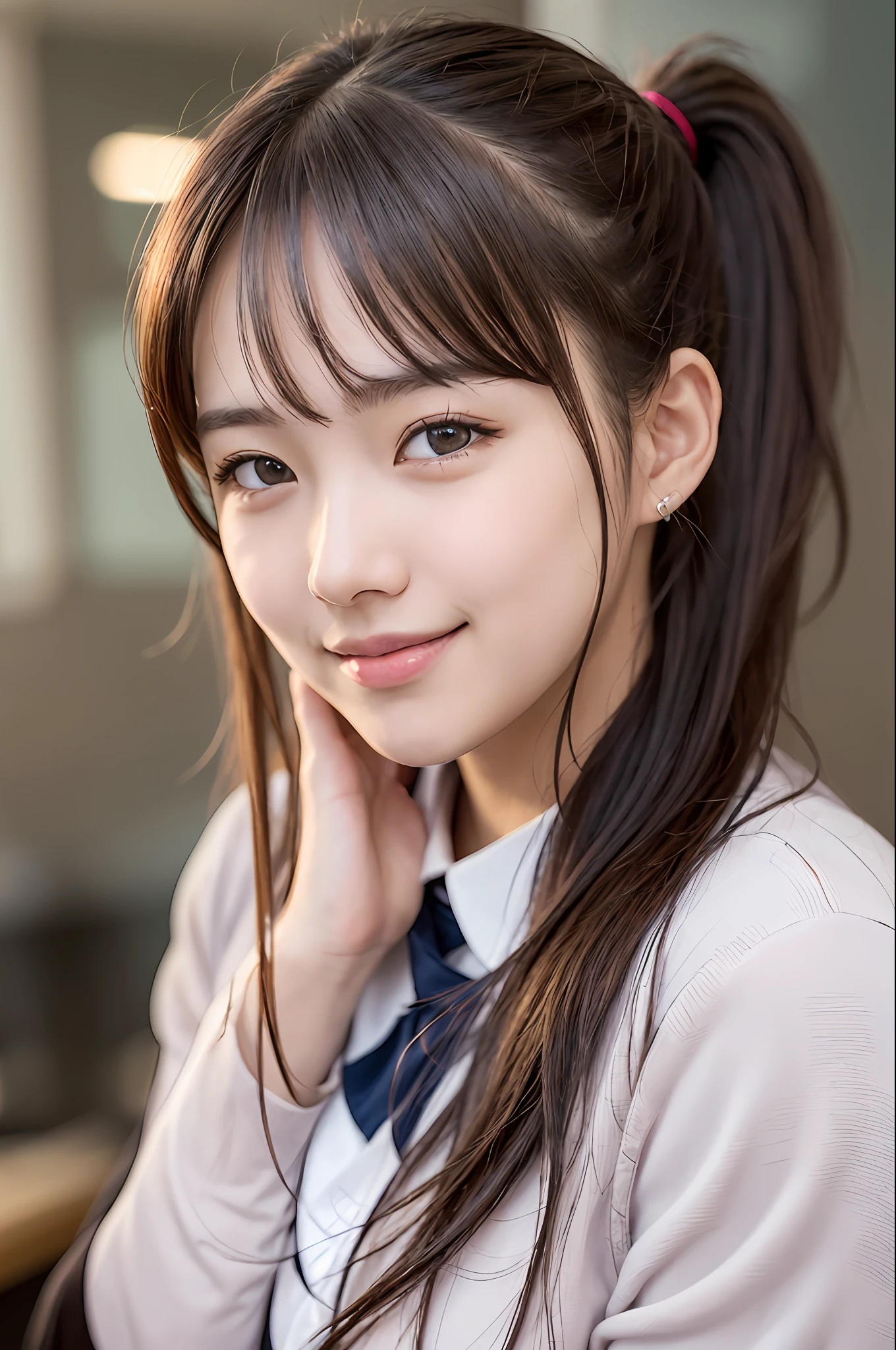 1girl, cute, 23 years old, smiling, look at viewer, school uniform, seifuku, photo, realistic, best quality, hires, ponytail, detailed face, classroom, detailed background, diffused lighting, depth of field, bokeh