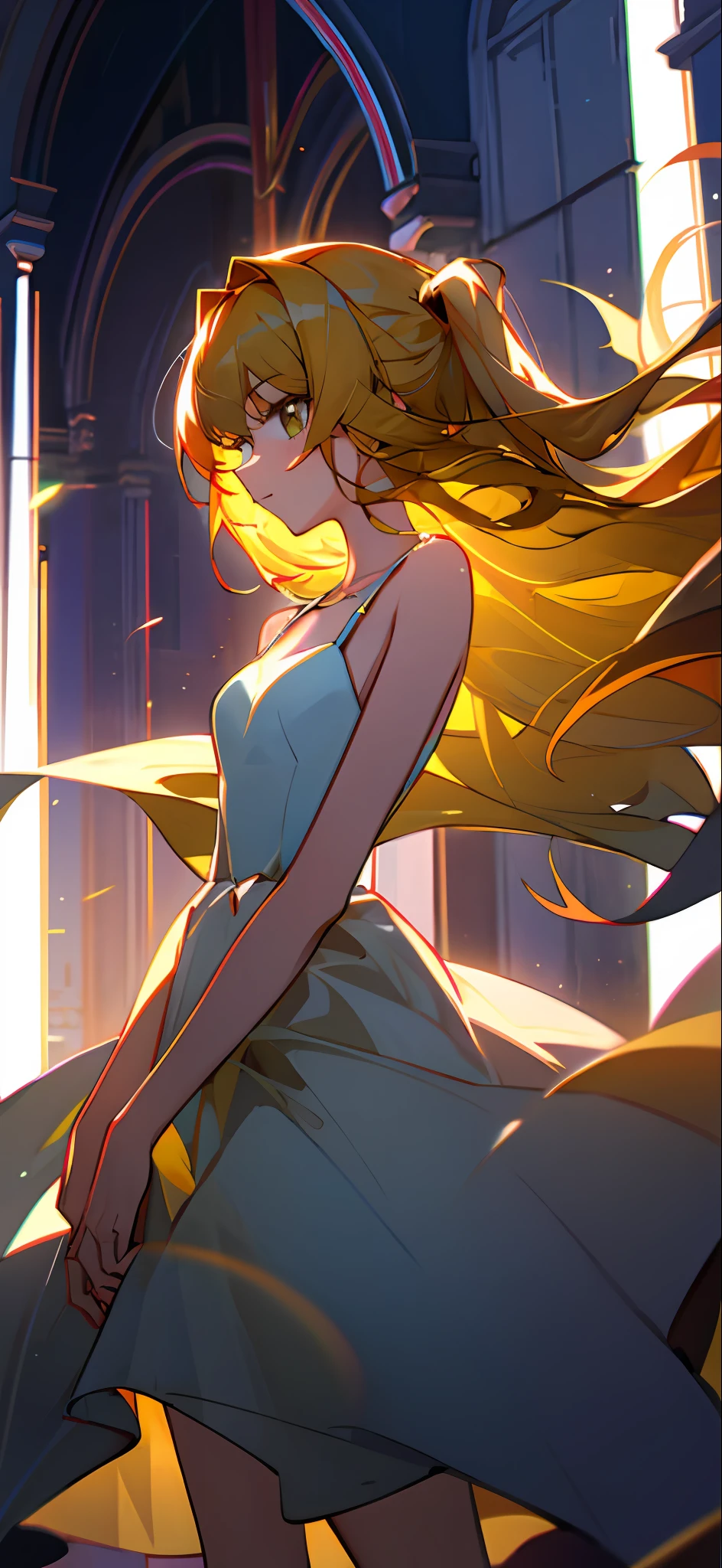Side face,White evening dress,Dark yellow hair,