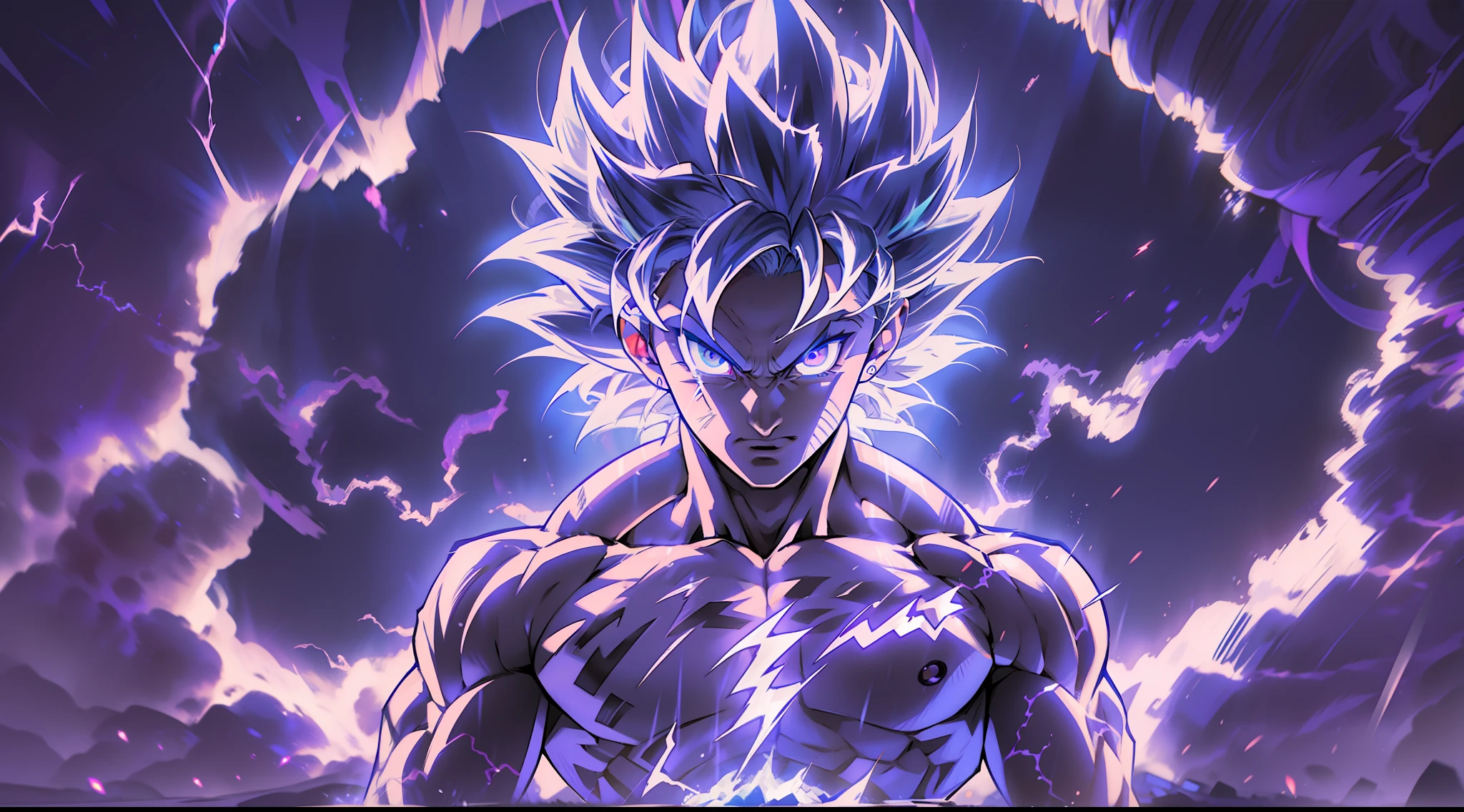 Son Goku transforming into Ultra Instinct surrounded by Violet Aura and lightning full body shot, 4k, Silver Hair, Silver Pupils, high details, epic, cinematic