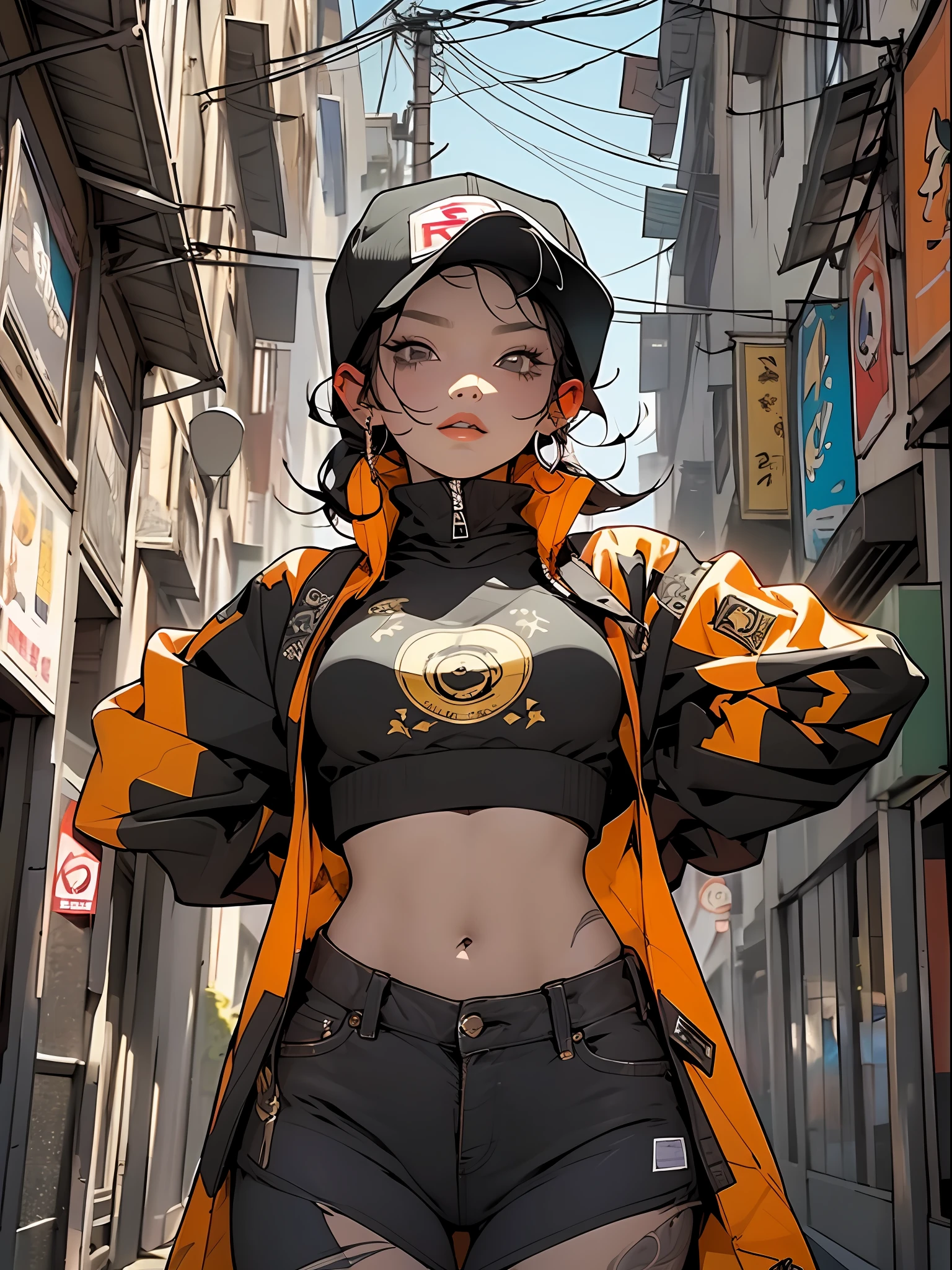 Roxo: 1.5, laranja: 1.1, Branco: 1.3, amarelo: 1.3, (garota rapper com cabelo pavor), tatuagens, (roupas puffer do poder: 1.2), flor, folhas, mistborn, linhas, background circles