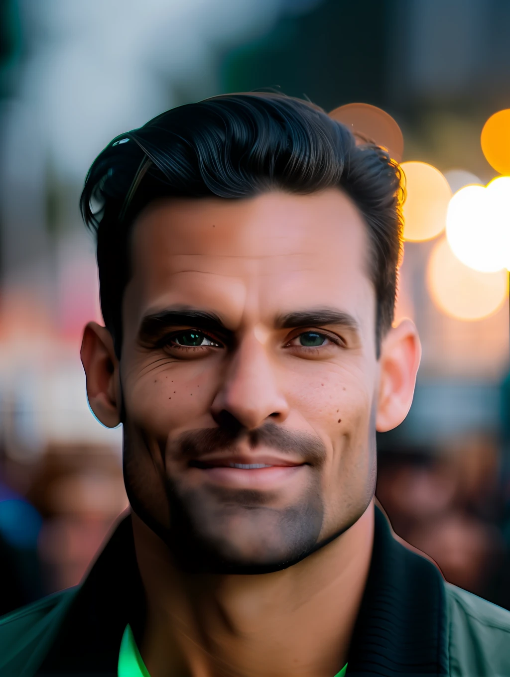 A professional portrait photograph of an insanely handsome Brazilian man, background is a crowded outdoor night-time rave, with short light brown hair, green eyes, sultry flirty look, (freckles), gorgeous symmetrical face, without makeup, realistic, concept art, elegant, highly detailed, intricate, sharp focus, depth of field, f/1. 8, 85mm, medium shot, mid shot, sharp focus, bright soft diffused light, (volumetric fog), trending on instagram, hdr 4k, 8k