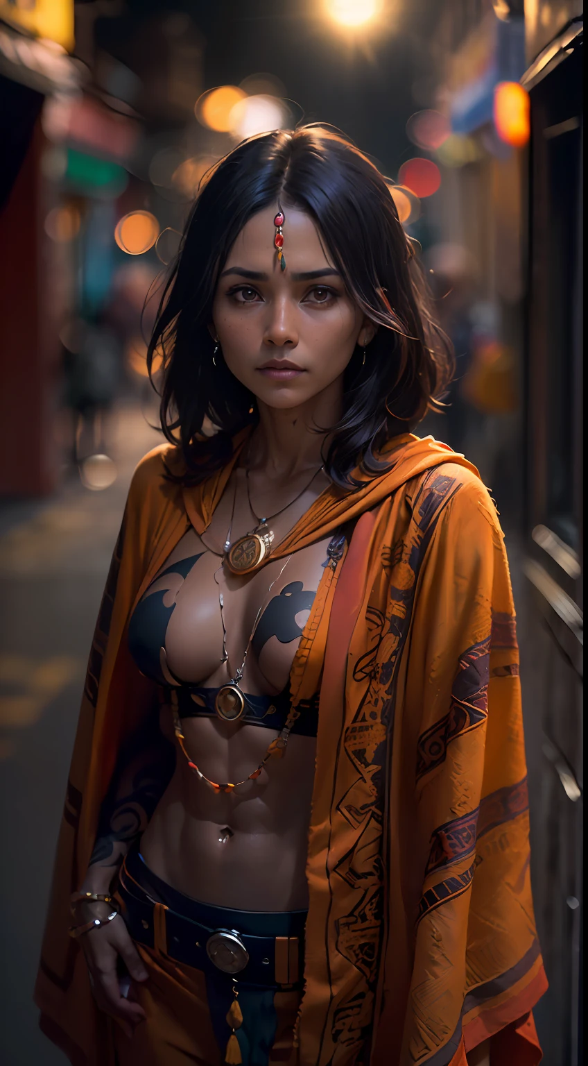 (
(Character: one mexican woman, mystic, brown skin, black lmedium hair, medium messy hair, abs, happy)
(Clothing: orange inca poncho, inca pants, amulets, inca tattoos)
(Posing against a city street at night)
(Abstract colors, texture, film grain, analog style, cinematic movie still frame, orange color scheme)
(Skin pores, dusty atmospheric haze, vignetting, wrinkles:0.2, intricate hasselblad dslr RAW dramatic portrait photo, eye contact, nofilter selfie, (backlit)1.2, (film grain)1.2)
)