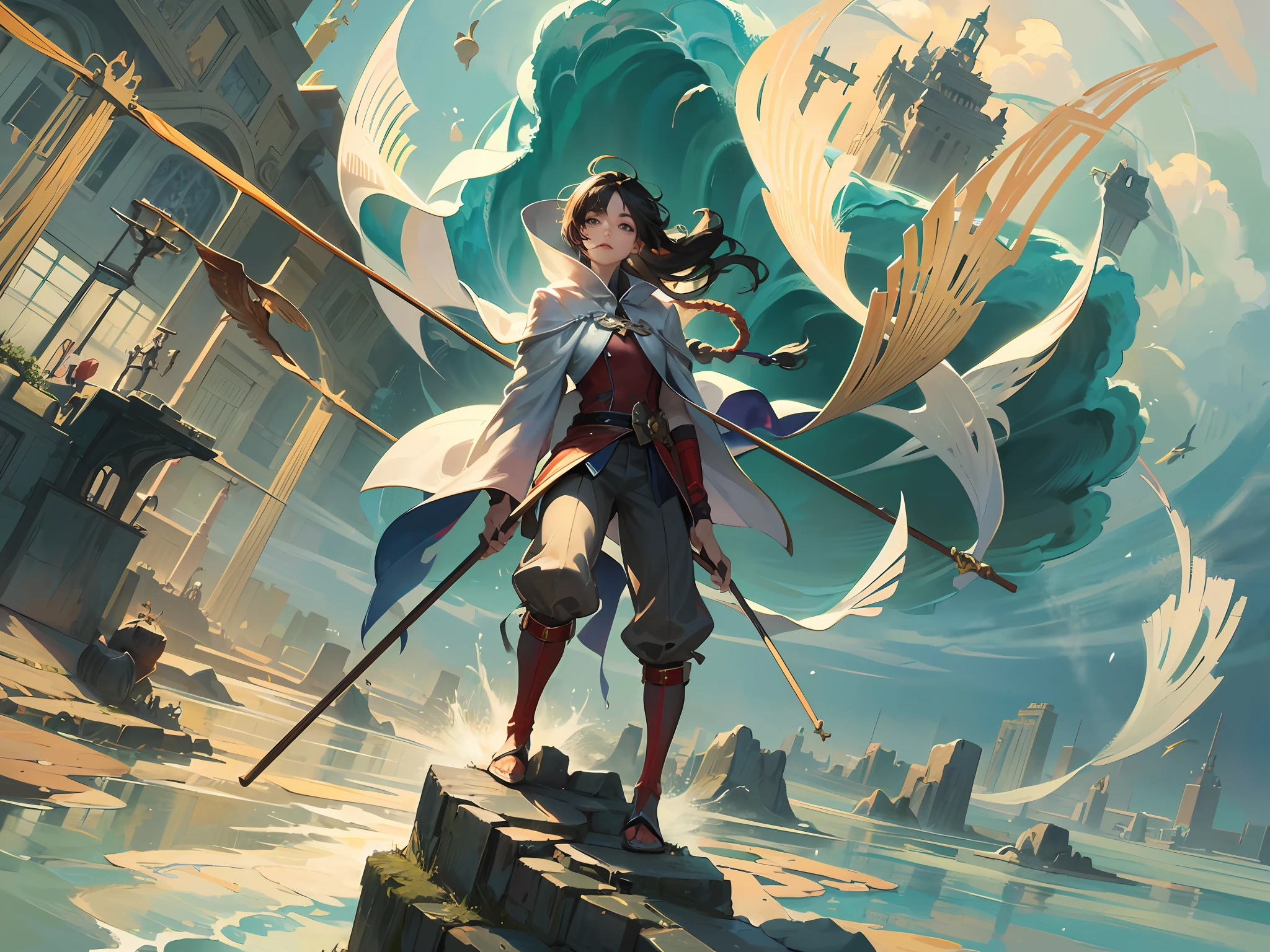 A man stands on a tsunami,Carrying bamboo sticks on his feet,Look at the city in the distance,ross tran(Ross Tran)A detailed painting,Take pixai,Fantasyart,offcial art,artstation hd,Anime aesthetics are featured --auto --s2