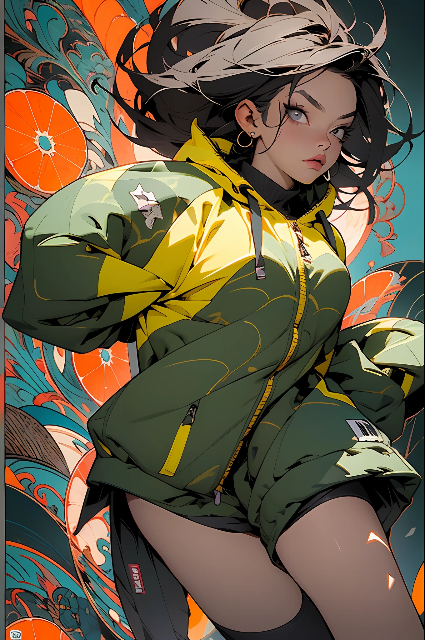 roxo: 1.5, laranja: 1.1, Branco: 1.3, amarelo: 1.3, (garota rapper com cabelo pavor), tatuagens, (roupas puffer do poder: 1.2), flor, folhas, mistborn, linhas, background circles, Action Pose