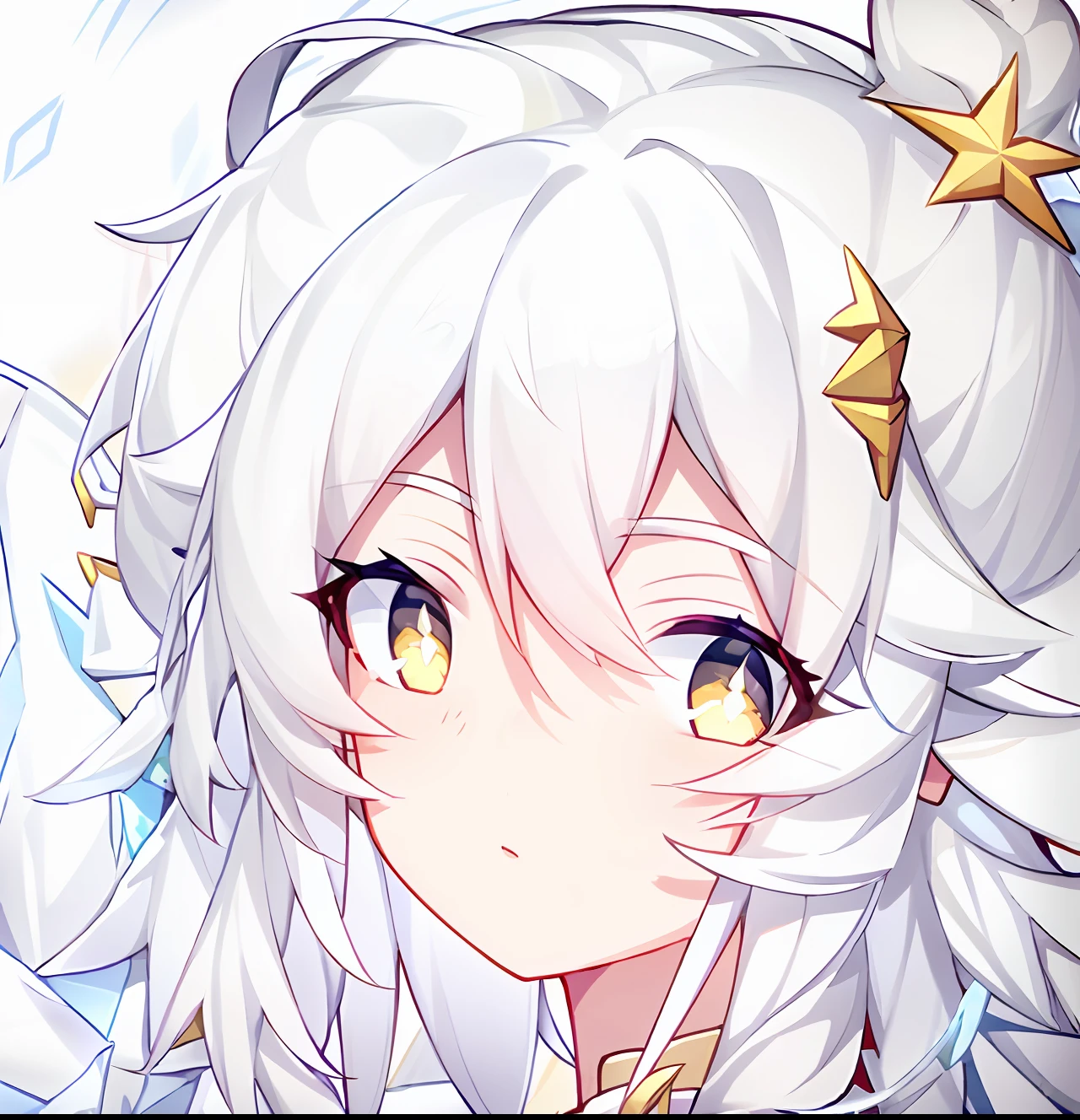 Big girl with white hair and golden eyes，Icy face，Like the Snow Queen，She also has a star hairpin in her hair