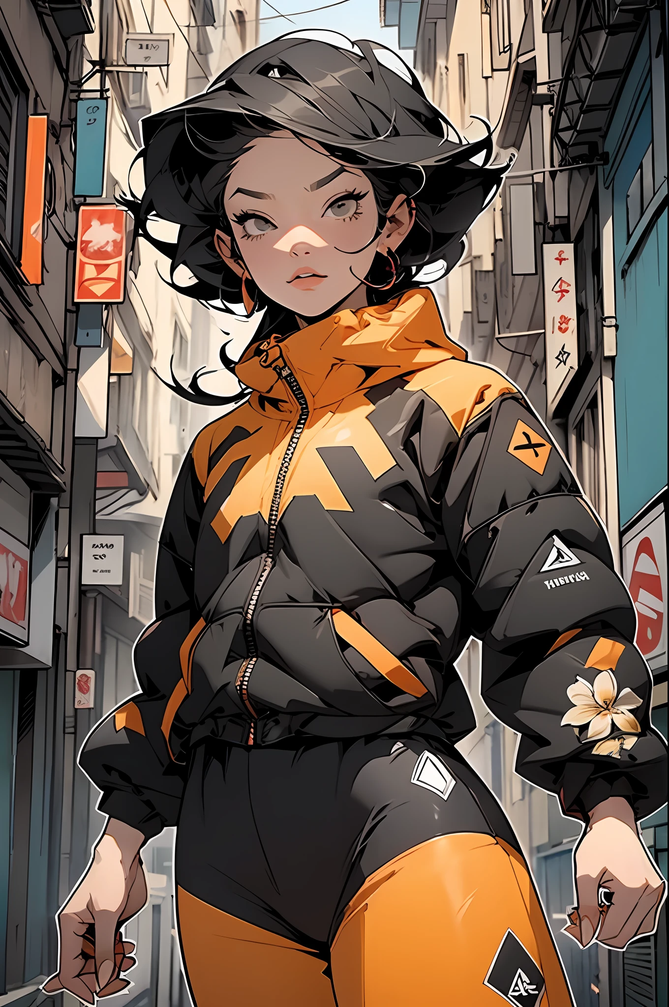 roxo: 1.5, laranja: 1.1, Branco: 1.3, amarelo: 1.3, (garota rapper com cabelo pavor), tatuagens, (roupas puffer do poder: 1.2), flor, folhas, mistborn, linhas, background circles, Action Pose
