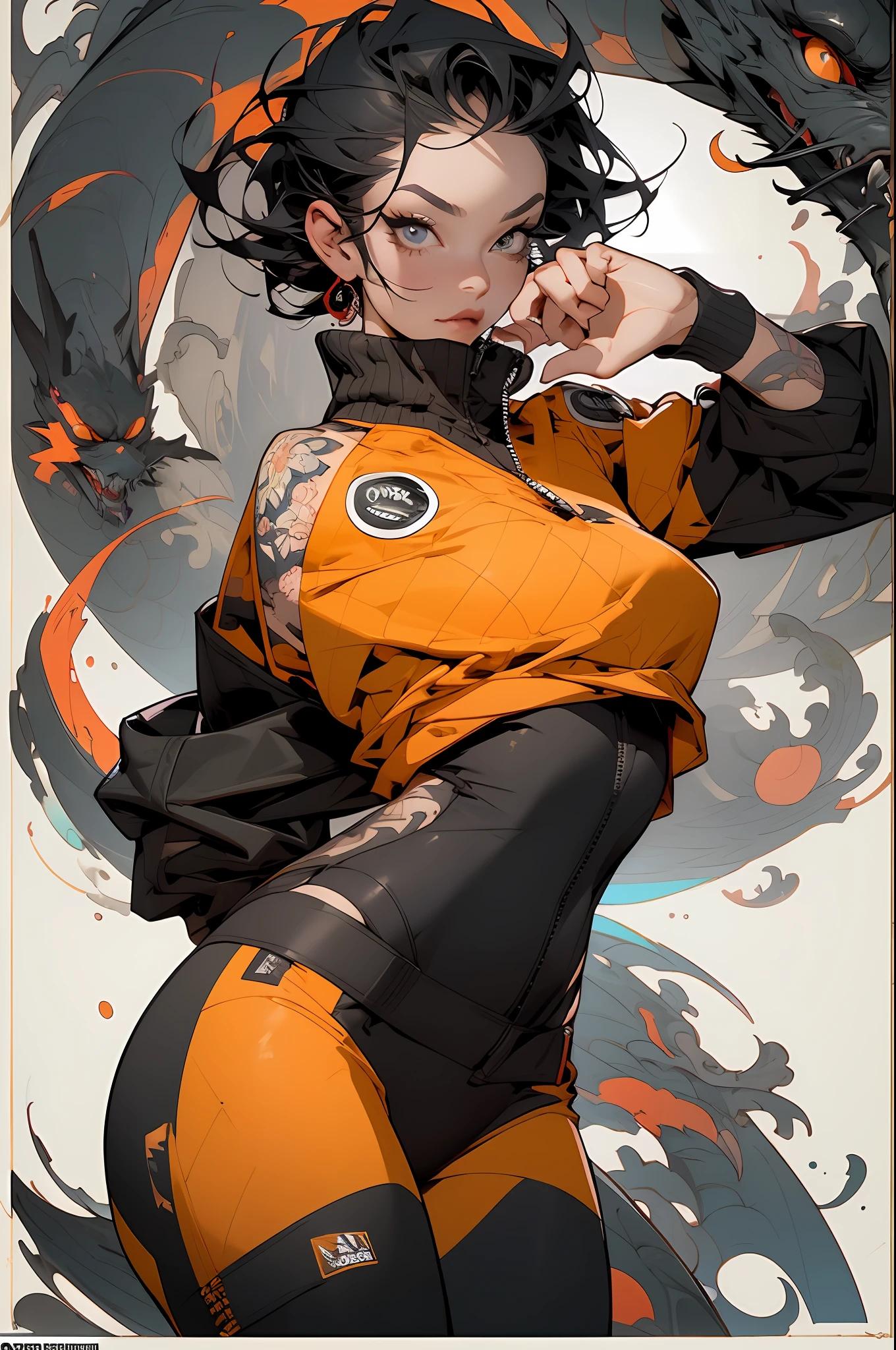 roxo: 1.5, laranja: 1.1, Branco: 1.3, amarelo: 1.3, (garota rapper com cabelo pavor), tatuagens, (roupas puffer do poder: 1.2), flor, folhas, mistborn, linhas, background circles, action pose