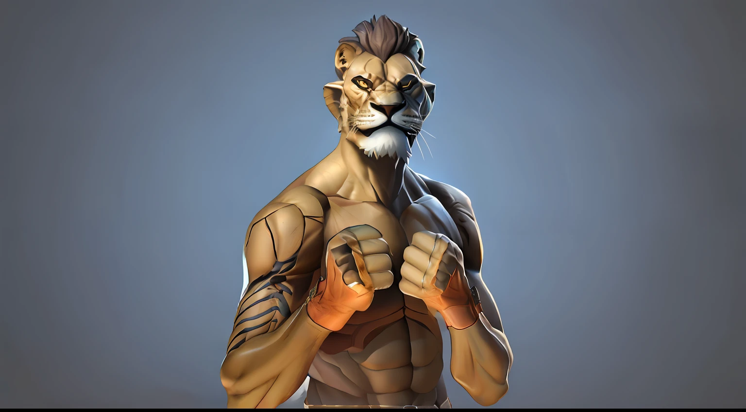 (leone) Lion's Head in Fighting Pose, corpo coberto por pelos, lionskin, corpo marrom, Standing lion body, COM CAMISA BRANCA, regata branca, luvas de combate. pose de luta. octan render, 3D-rendering.