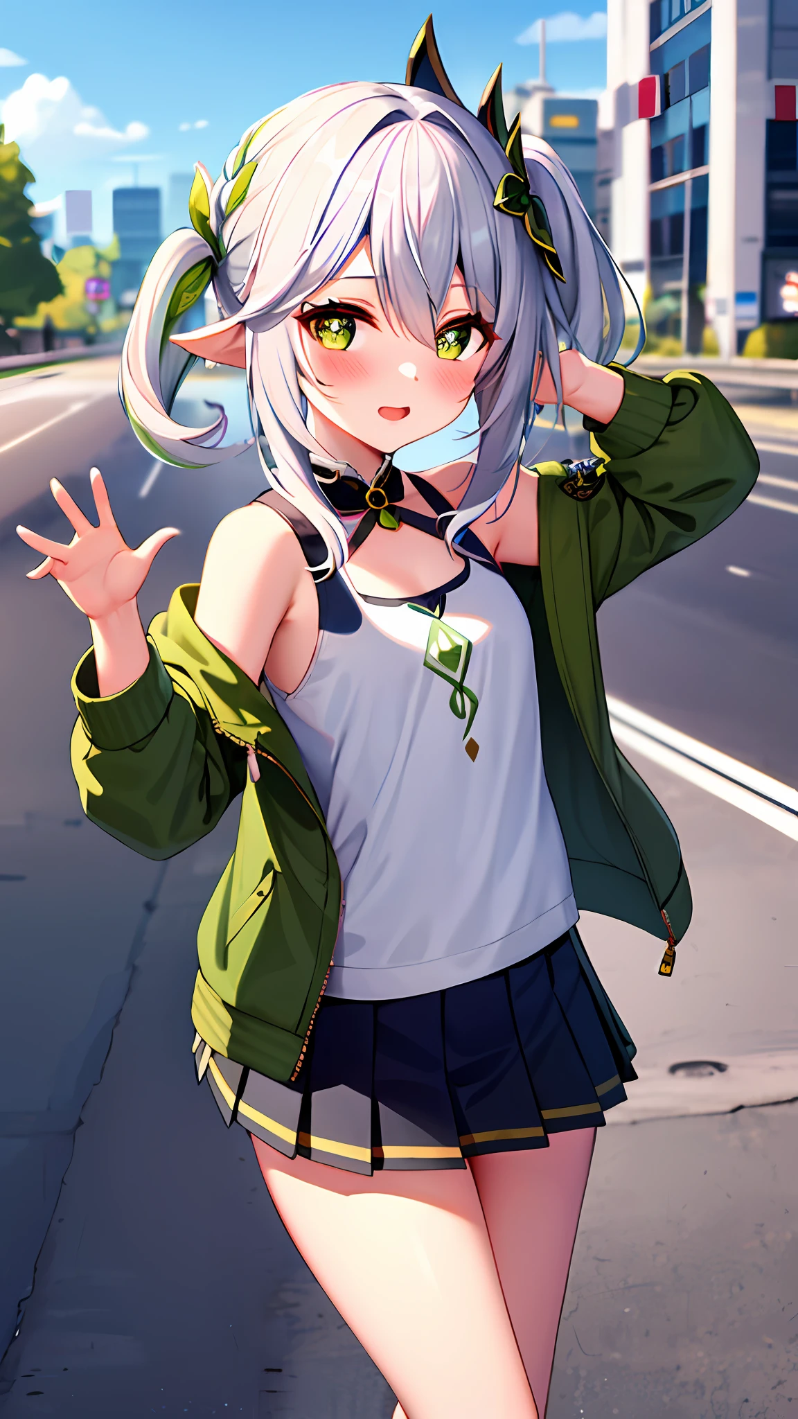 masterpiece, high res, best quality, 1girl, solo, nahida_genshin, cross-shaped pupils, cute tanktop, cute jacket, pleated skirt, standing, outdoor, cityroad, on the road, cowboy shot, sexy pose, blush,