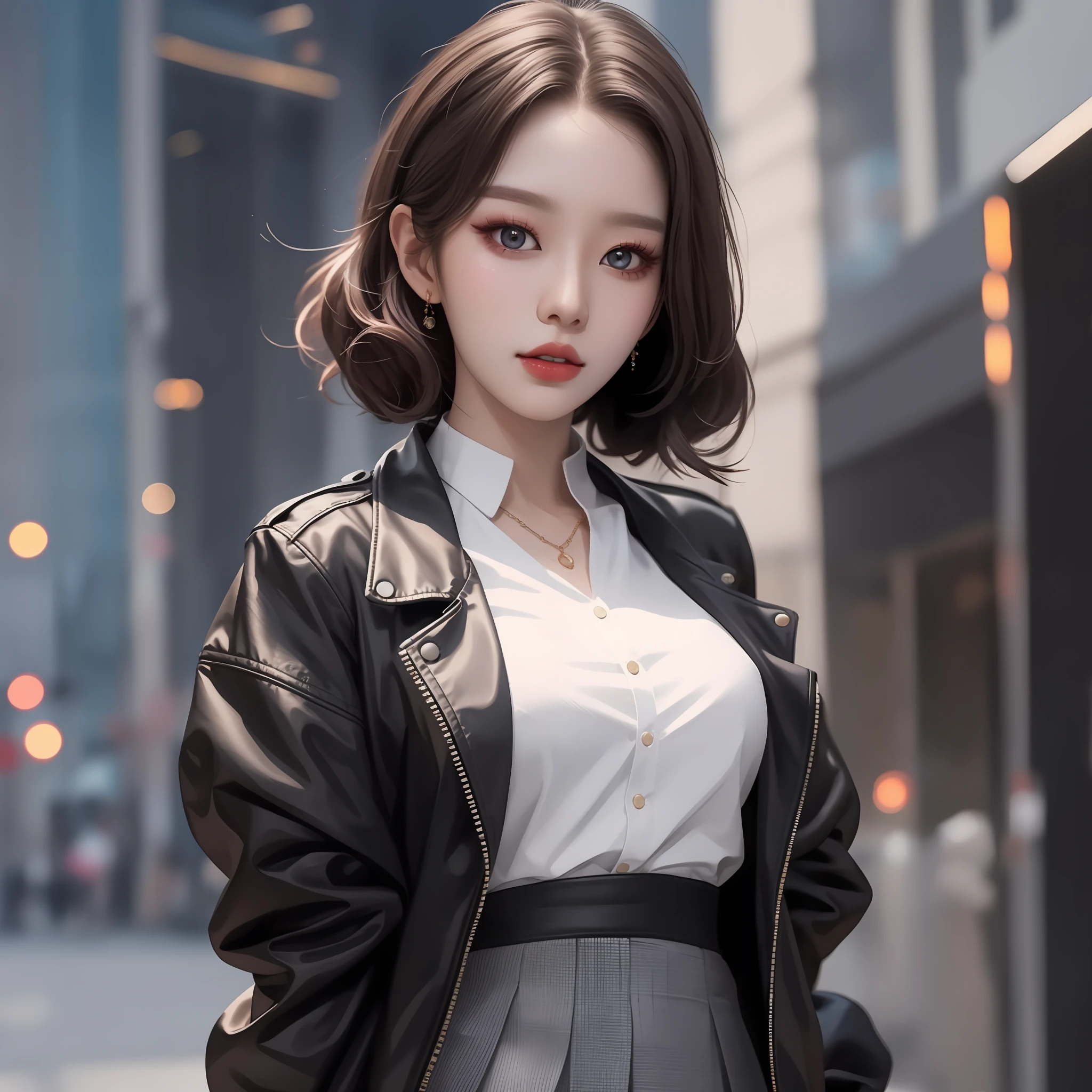 a close up of a woman wearing a jacket and skirt, dressed with long fluent clothes, ulzzang, 8k)), 2 d cg, trending on cgstation, jinyoung shin, sakimichan, korean women's fashion model, style anime, inspired by Sim Sa-jeong, high detailed), digital art of an elegant, modern fashion outfit , Highly detailed face , detailed eye , high quality, HD,8k,