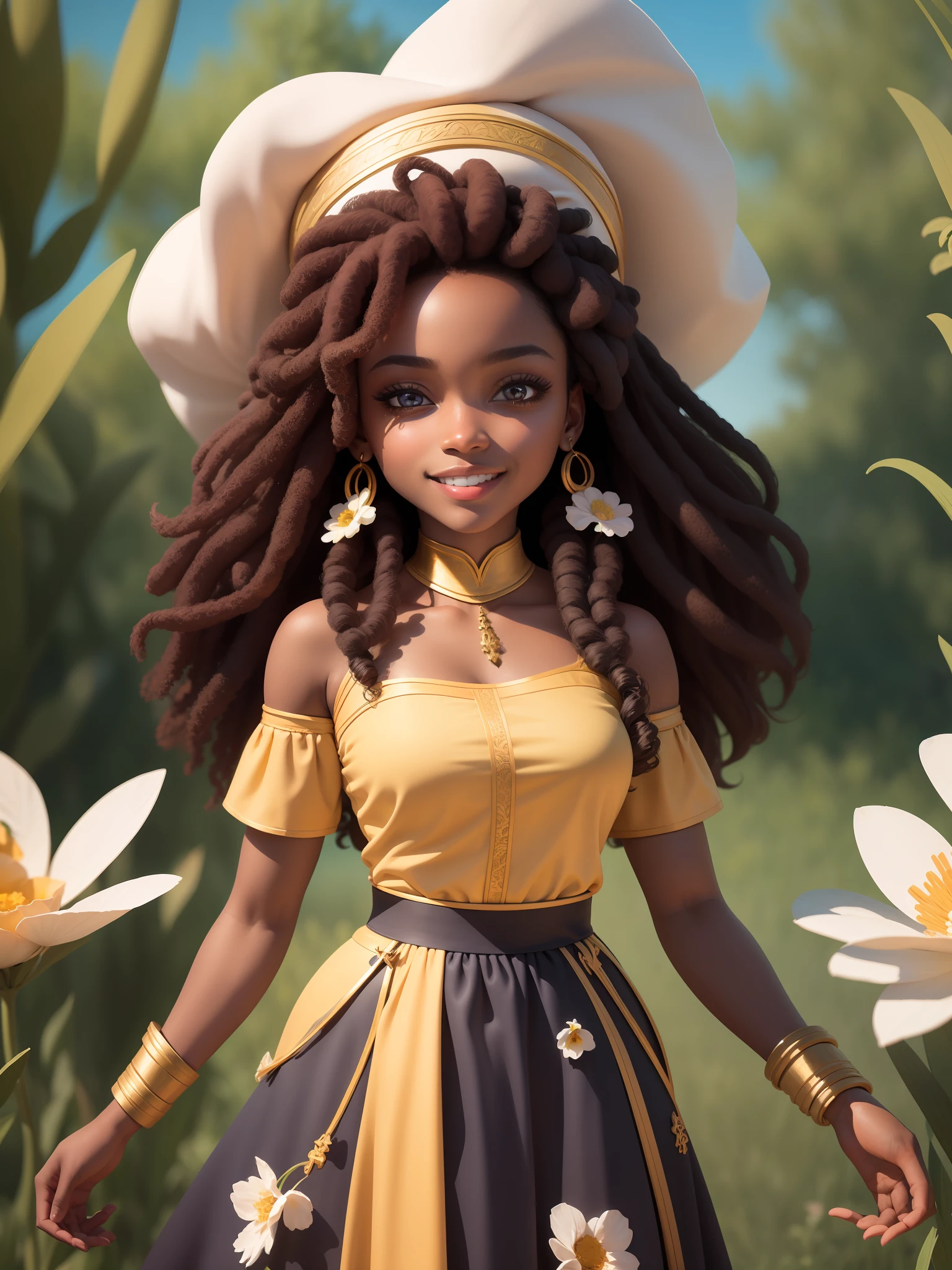 (masterpiece),(best quality),(ultra-detailed), mid body, black woman, ager, warrior, fantasy universe, long dress black, light smile, flower, outdoors, turban, :3, afro clothes, princess, blurry, brown hair, black hair, background abstract (beautiful detailed face), (beautiful detailed eyes),