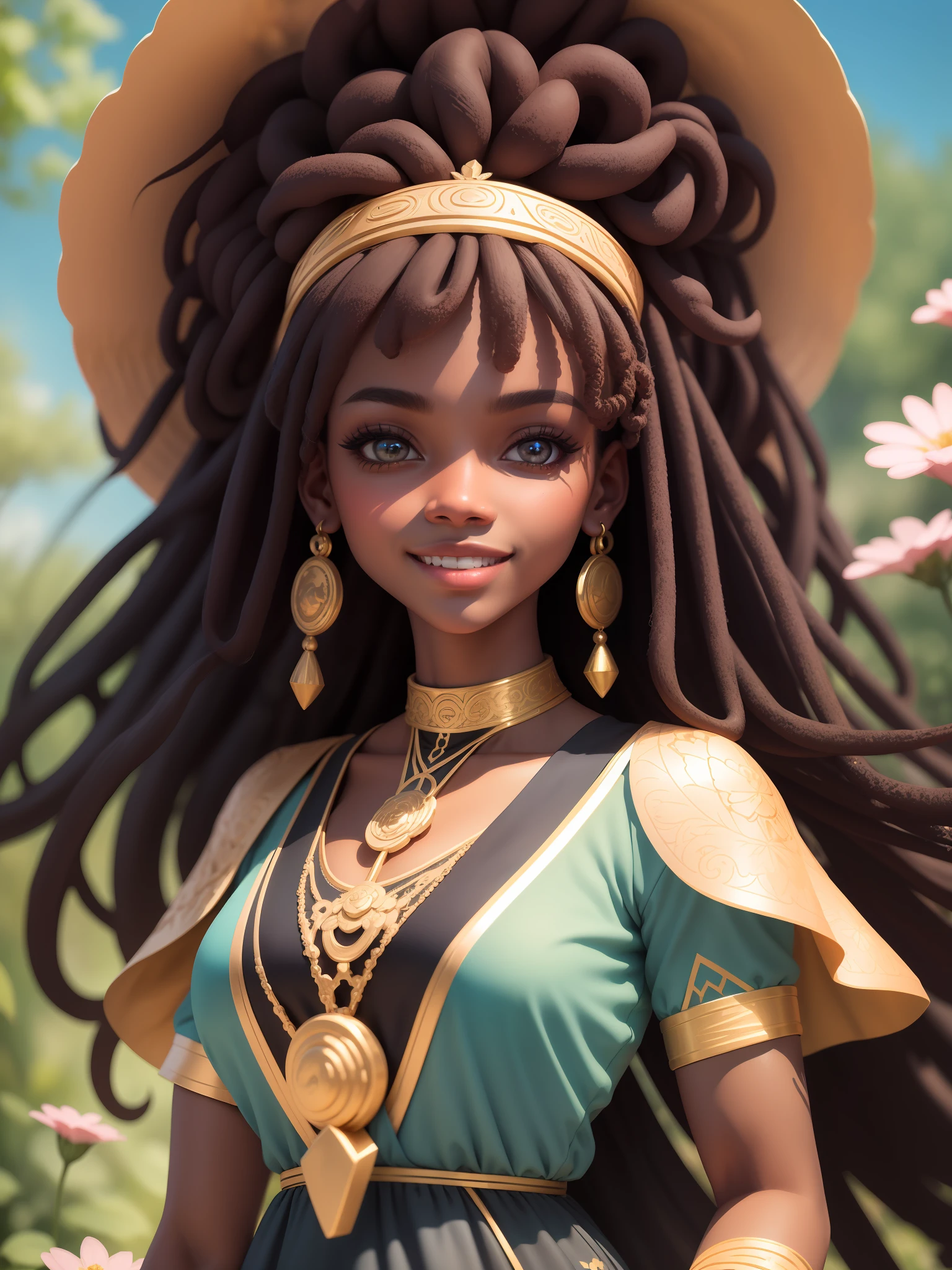 (masterpiece),(best quality),(ultra-detailed), mid body, black woman, ager, warrior, fantasy universe, long dress black, light smile, flower, outdoors, turban, :3, afro clothes, princess, blurry, brown hair, black hair, background abstract (beautiful detailed face), (beautiful detailed eyes),