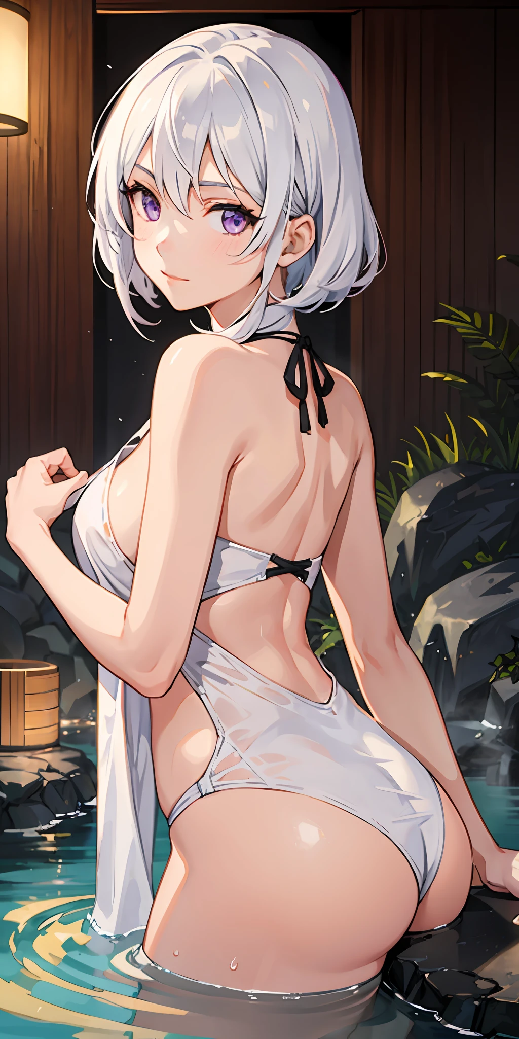 1girl, white hair, purple eyes, portrait, realistic, towel, (onsen), sidelighting, wallpaper, nsfw,