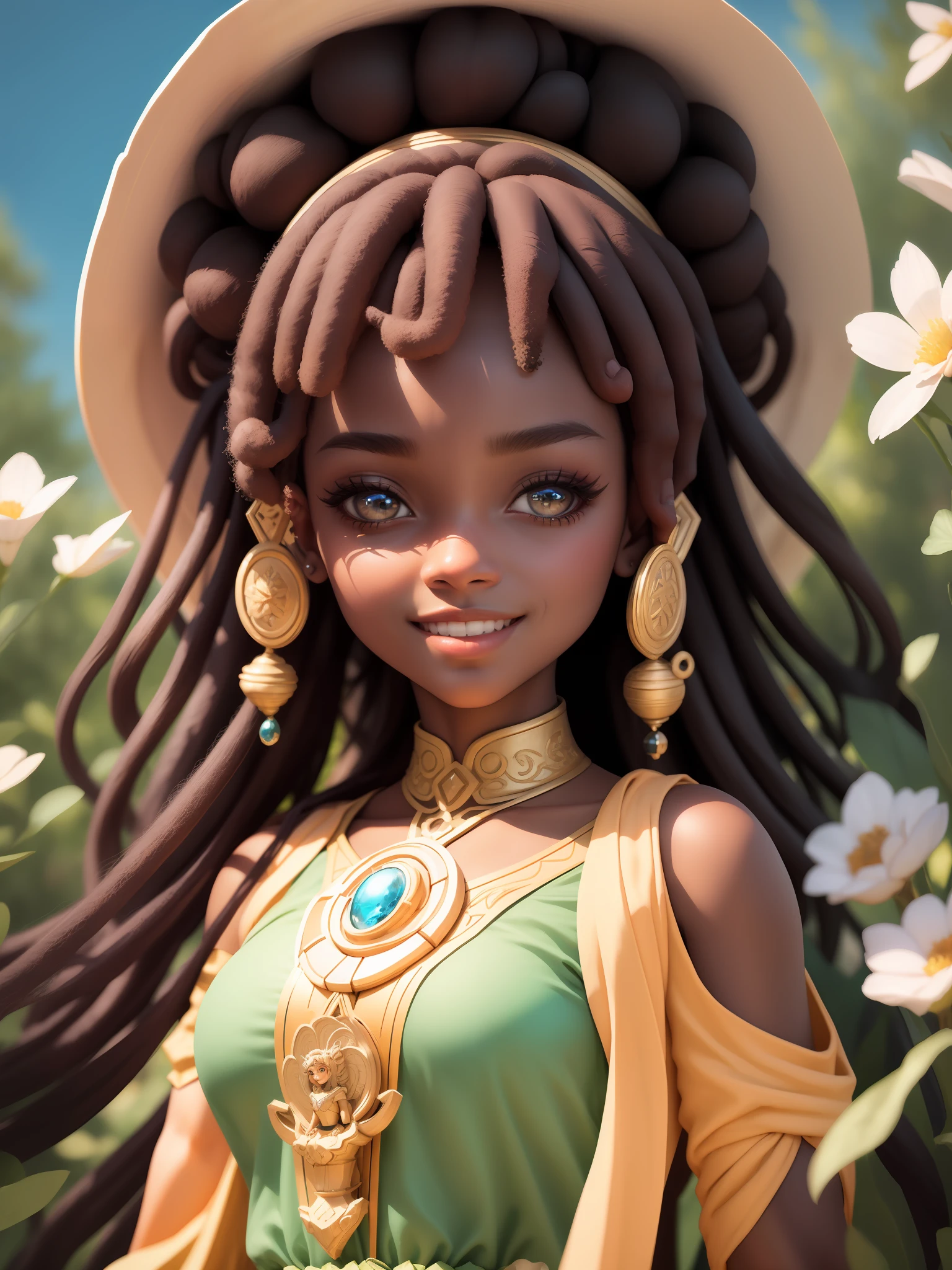 (masterpiece),(best quality),(ultra-detailed), mid body, black woman, ager, warrior, fantasy universe, long dress black, light smile, flower, outdoors, turban, :3, afro clothes, princess, blurry, brown hair, black hair, background abstract (beautiful detailed face), (beautiful detailed eyes),