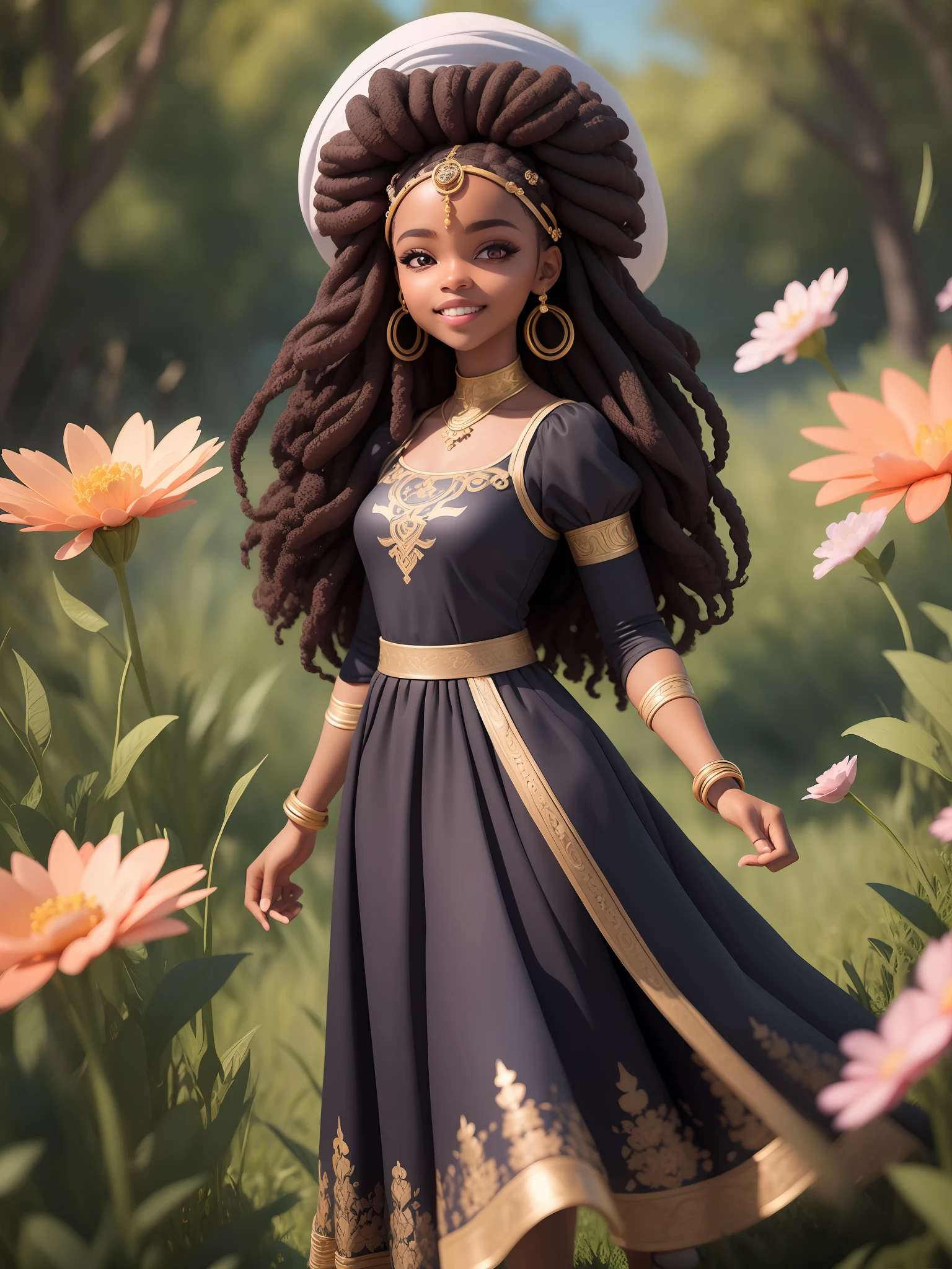 (masterpiece),(best quality),(ultra-detailed), (full body:1.2), black woman, teenager, warrior, fantasy universe, long dress black, light smile, flower, outdoors, turban, :3, afro clothes, princess, blurry, brown hair, black hair, background abstract (beautiful detailed face), (beautiful detailed eyes),