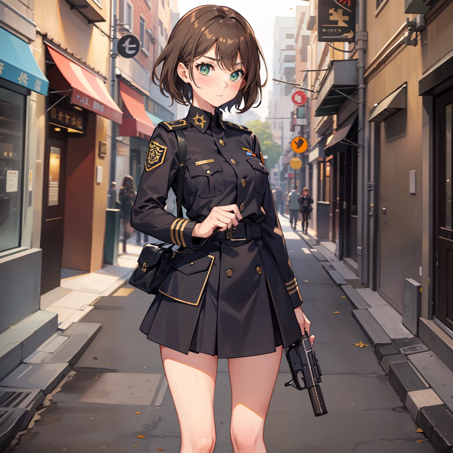1girl, solo, green eyes, brown hair, uniform military, face serious, full body, blush, pistola en mano