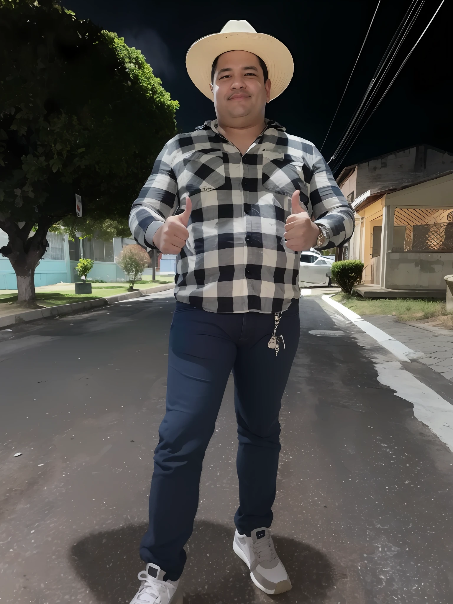 Man in hat and plaid shirt giving a thumbs up, imagem de corpo inteiro, standing in the street, standing in street, standing in street, 🤠 usando um 🖥, Carmelo Blandino, Foto realista, caio santos, goodlooking, standing in the streets, he is! cerca de 3 0 anos de idade