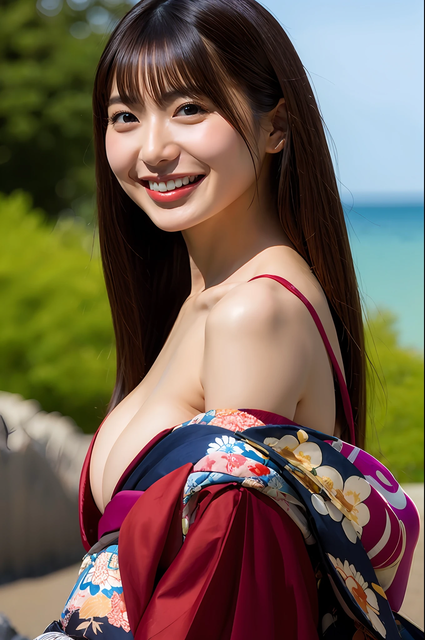 a beautiful japanese woman, kimono, large breast, best quality, masterpiece, ultra high res, photorealistic, looking at the horizon, smile