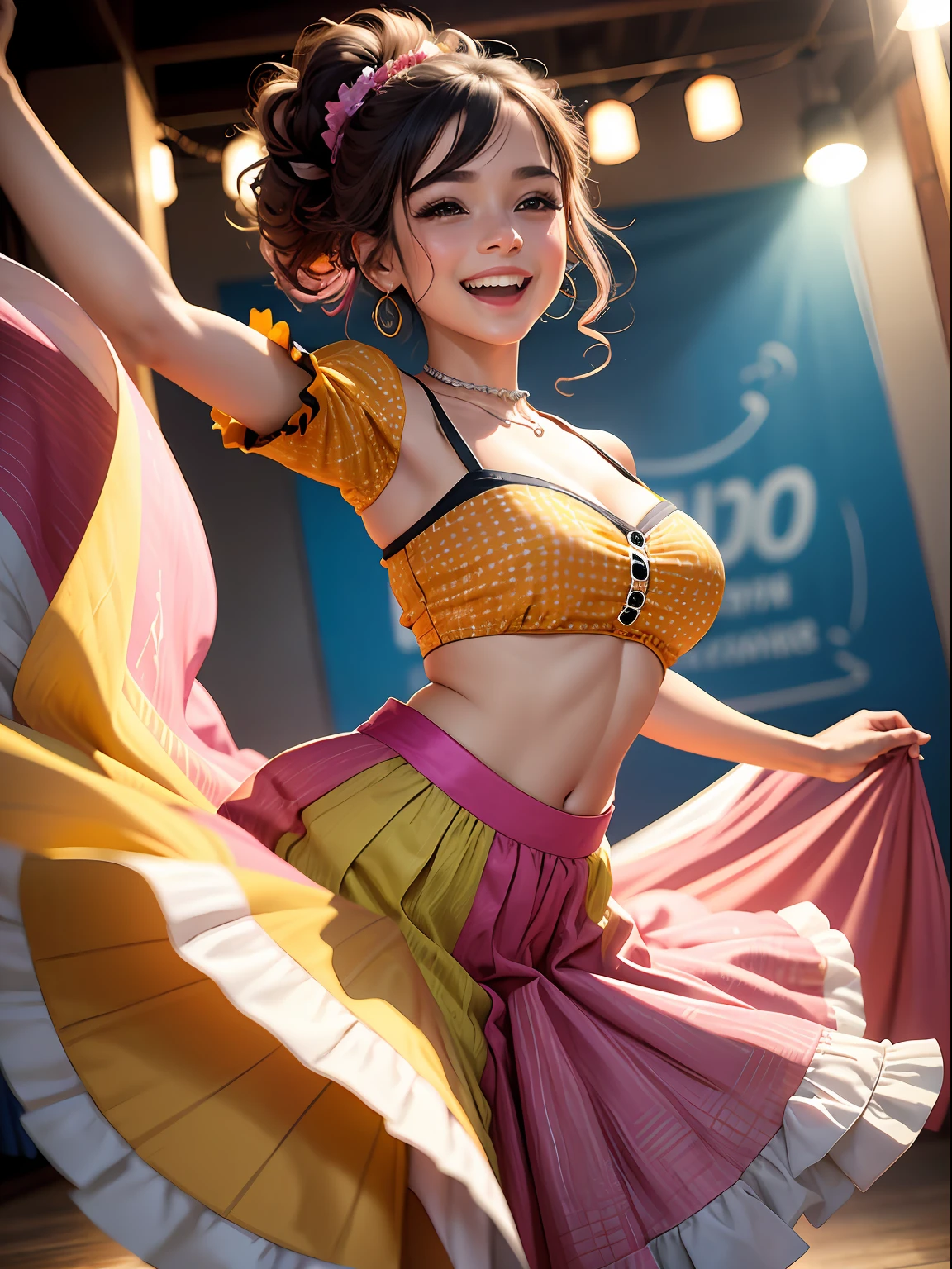 jovem vibrante e cheia de energia, wearing a colorful and cheerful outfit while dancing for social media. His face is lit up by an infectious smile, revealing your excitement and enthusiasm as you share your dance with the world.
The young woman's outfit is an explosion of vibrant colors, composed of a blouse with cheerful prints and a flowing skirt that accompanies her graceful movements. Seus cabelos, soltos e ondulados, they dance along with her, Adding a touch of freedom and movement to the scene.
She's in an open, well-lit space, with a colorful wall or a cheerful backdrop in the background, creating a relaxed and festive atmosphere. Maybe it's in an outdoor setting or in a studio with fun, Modern décor. --auto