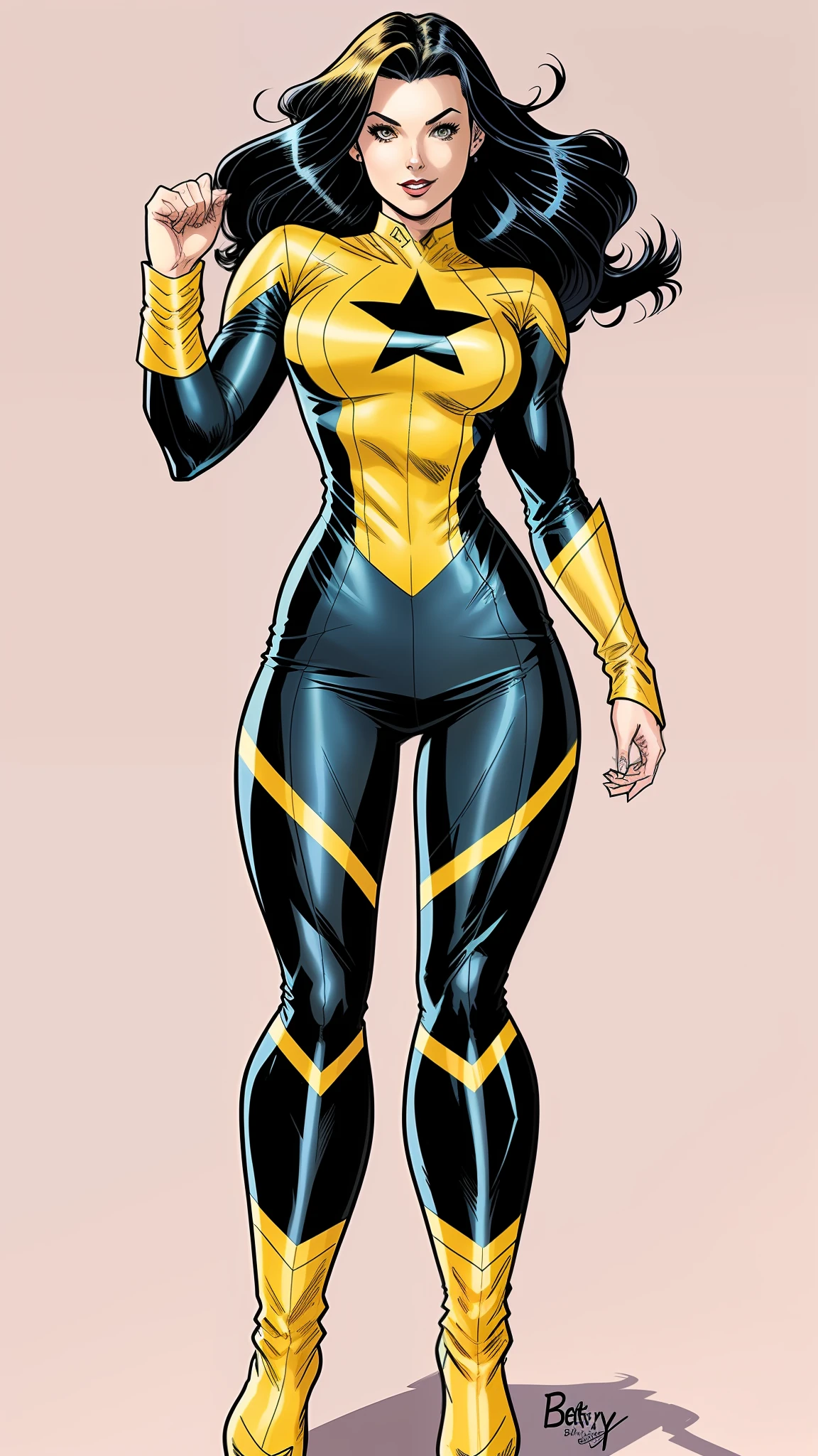 a cartoon of a woman in a yellow and black costume, full body portrait of jean grey, comic book character, betty cooper, yellow x-man costume, 90s comic book character design, sigma female, full body picture, jean grey, full body concept, inspired by John Romita Jr, silk spectre, female superhero proportions, new costume concept design, skinny girl, too skinny
