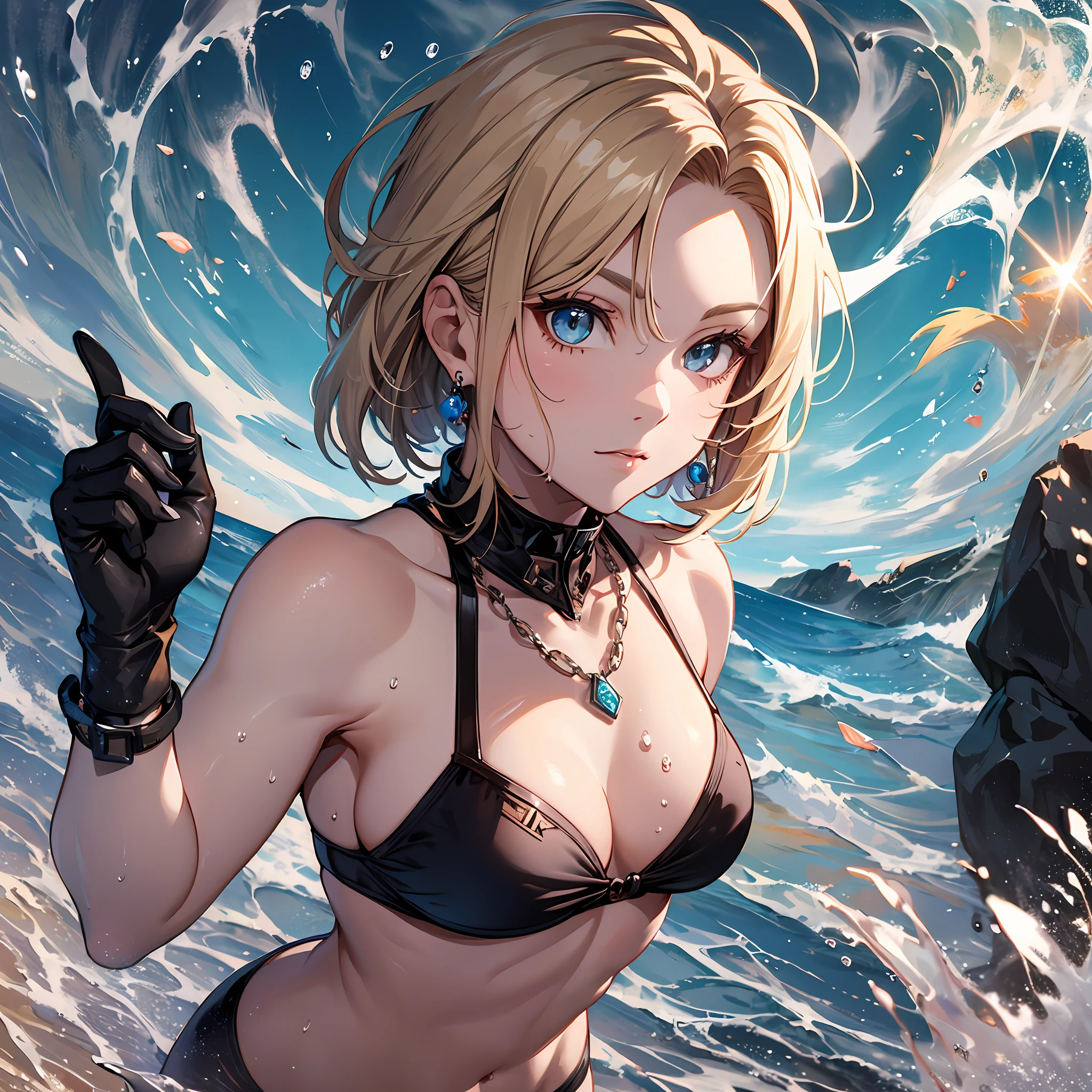 Steppiece, Best Quality, Ultra-detailed, Absurd, Portrait of cute android18DB, Realistic face, Solo, earrings, Jewelry, , brave, Eyeshadow closed, the beach, gloves, Necklace, Rock, Standing, fighting position, Volumetric lighting, Best Quality, masutepiece, Intricate details, tonemapping, Sharp Focus, Hyper Detailed　Luxury swimwear　　Miwaki　Beautiful abs　beauty legs　A sexy　a wet body