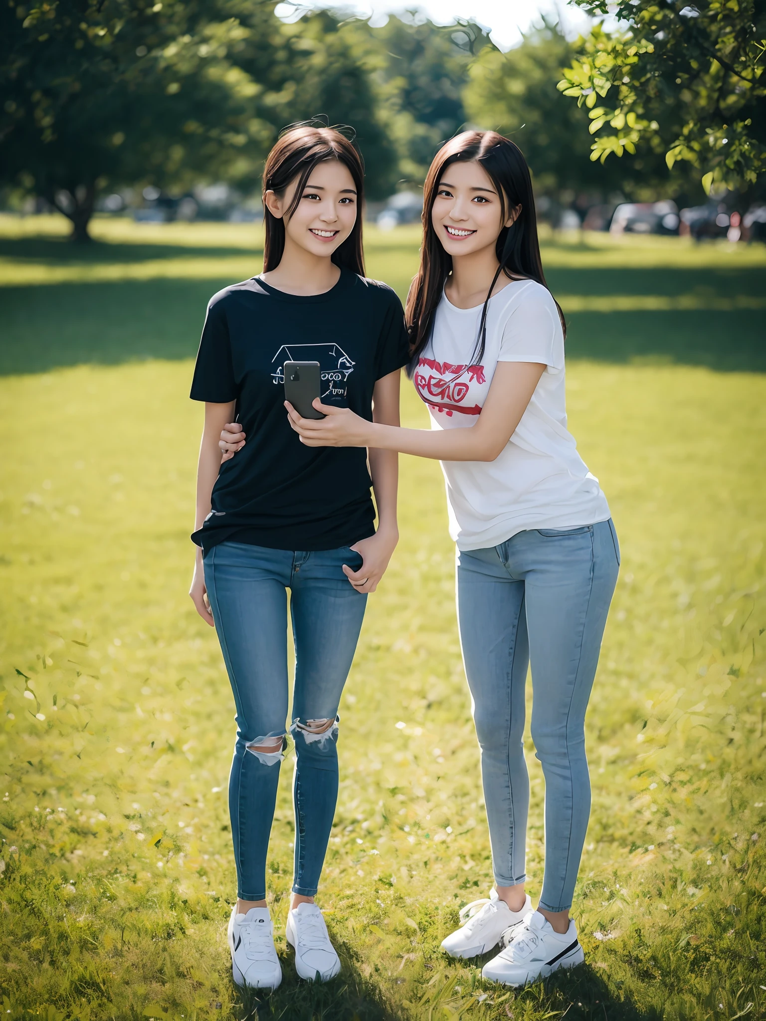 (超高分辨率,RAW photogr,realisticlying,tmasterpiece,best qualtiy:1.4),Complicated details,3个女孩,3 20 year old Korean girl,Wear a loose black T-shirt and skinny jeans,Stand on the grass and take pictures,hugs,Intimate relationships,Detailed meadow,A sweet smile on a small face,Ultra-realistic facial details,The face and skin are pink and white, and luminous,Playful and coquettish pose,The calves are straight and slender:1.2,Wear high-end brand sneakers:1.0,eventide:0.3,Broad lighting,naturalshadow:1.0,超高分辨率,taking a full body photo:1.8 --auto