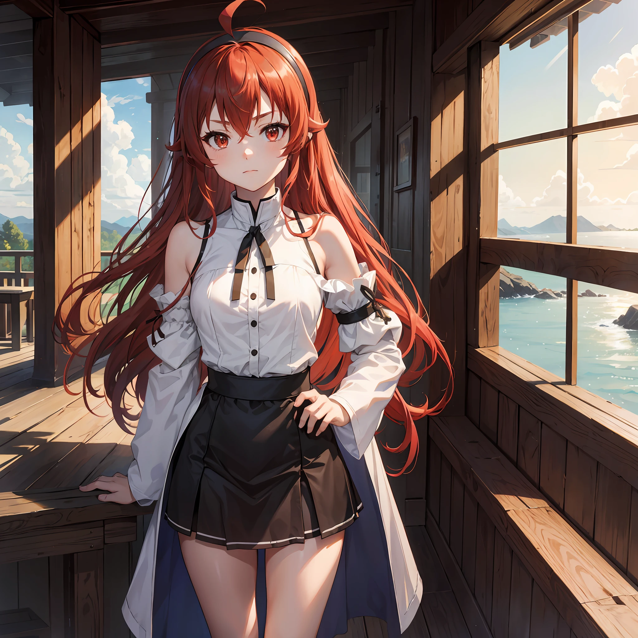 Liss Greyrat, 1girl, Ahoge, bangss, bare shoulders​, black hairband, Brown skirt, a closed mouth, Clothes Cutout, arms folded, hair between eye, shairband, length hair, long-sleeve, Look at viewers, red eyes, red hairs, Shoulder clippings, simple background, Black shorts,beauty legs　 独奏, Hi-Res, Harm, mushoku tensei　grass field　randome pose　small tits　**** student　small stature